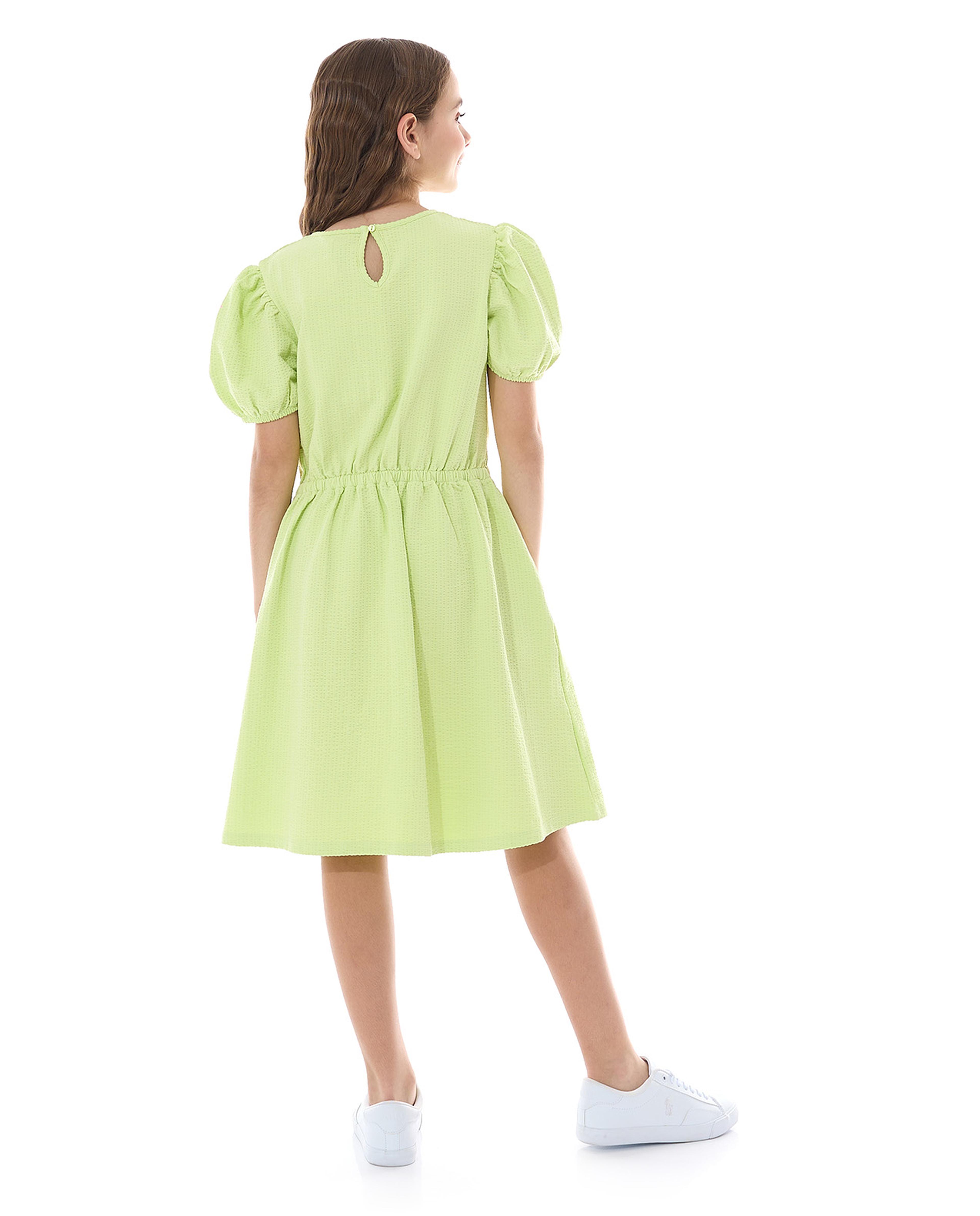 فستان فلير بياقة مستديرة وأكمام منفوخة