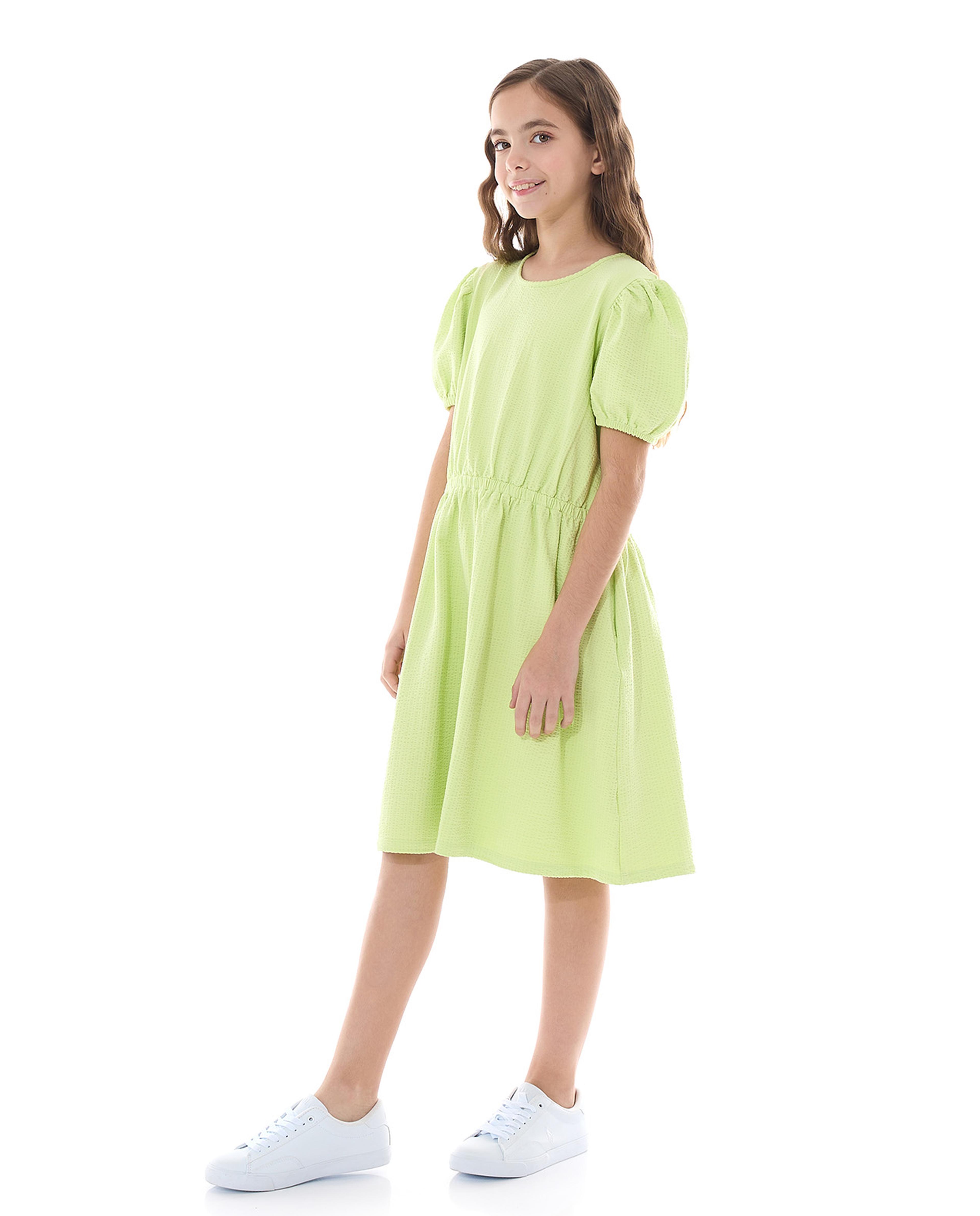 فستان فلير بياقة مستديرة وأكمام منفوخة