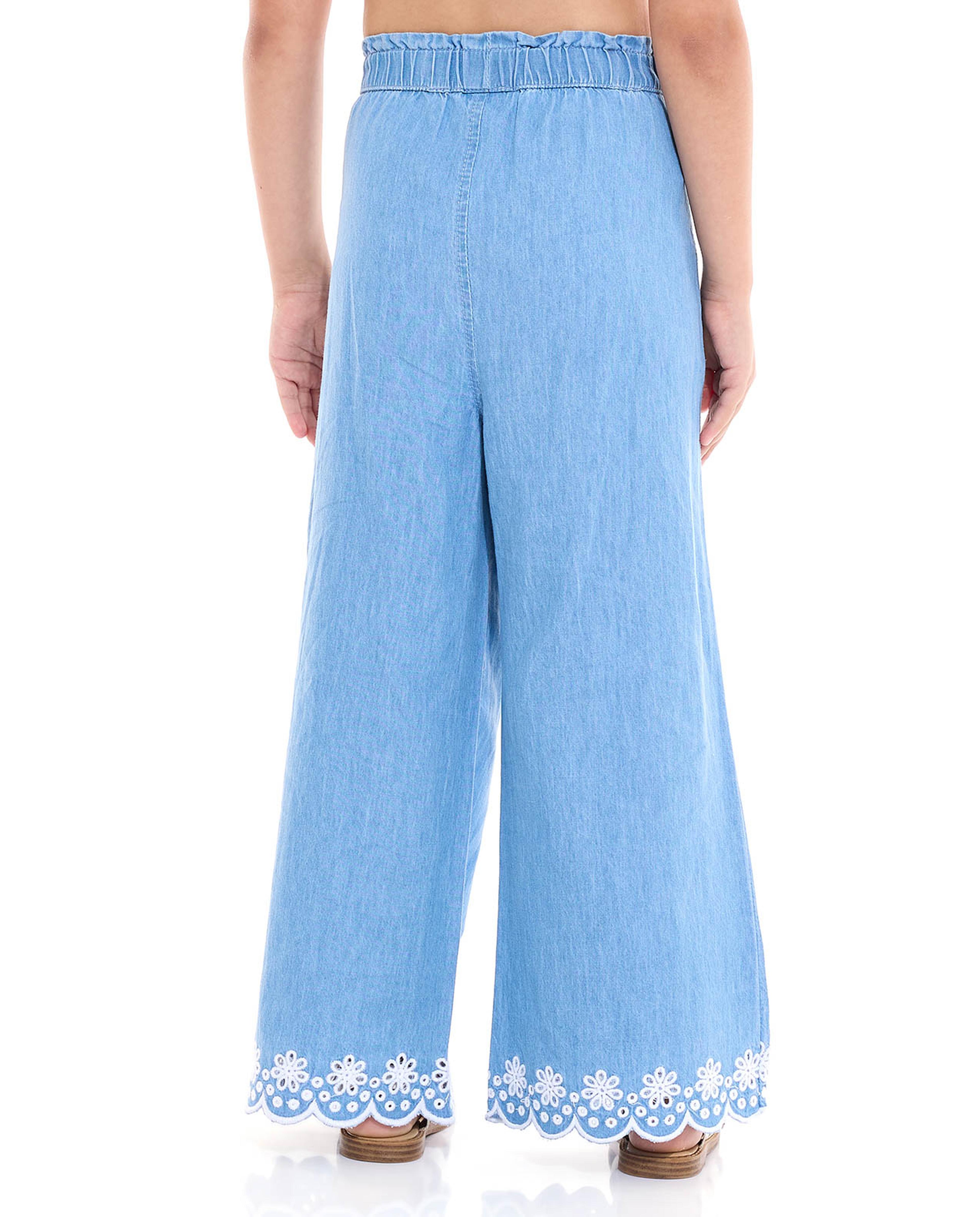 Embroidered Wide Leg Pants with Elastic Waist