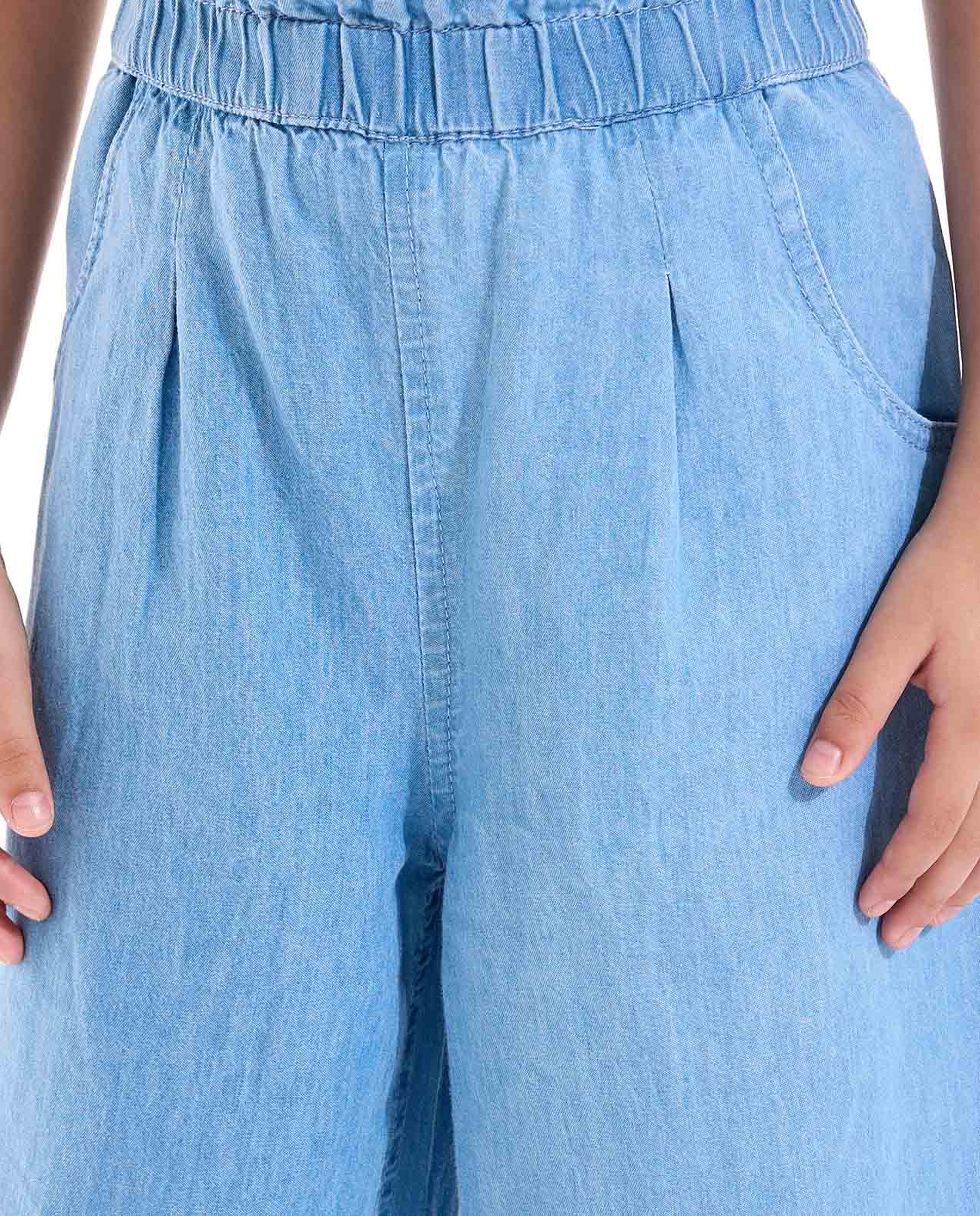 Embroidered Wide Leg Pants with Elastic Waist