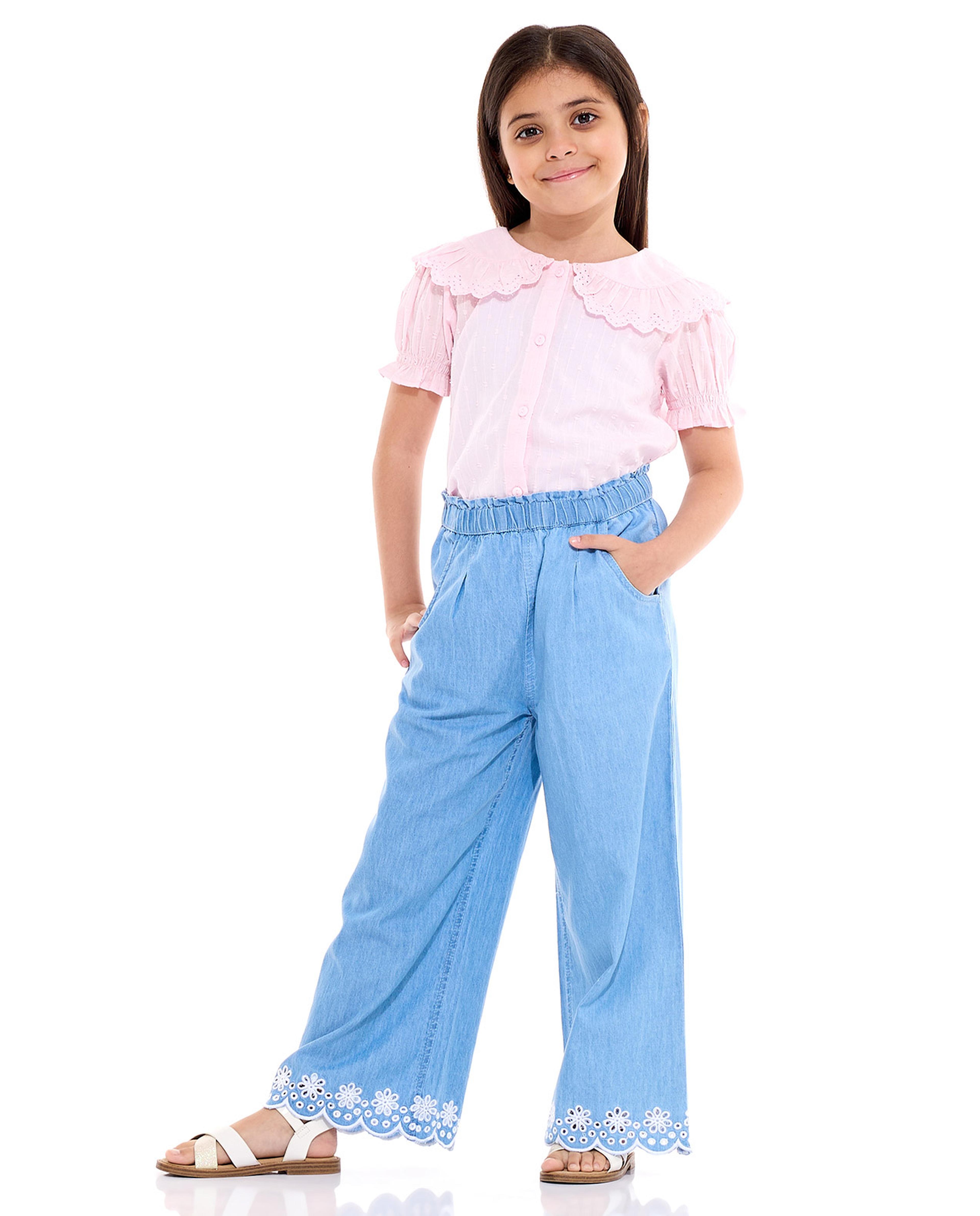 Embroidered Wide Leg Pants with Elastic Waist