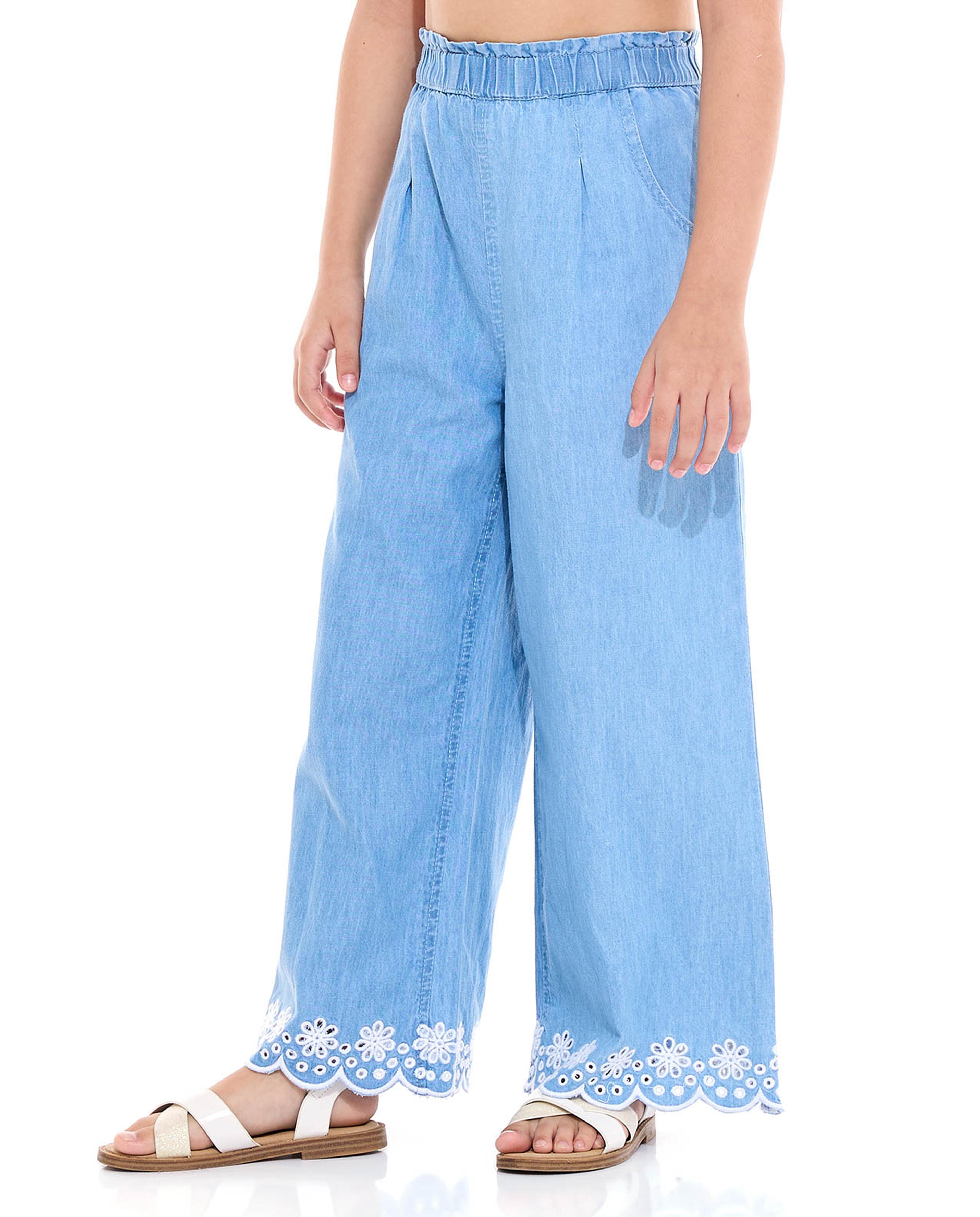 Embroidered Wide Leg Pants with Elastic Waist