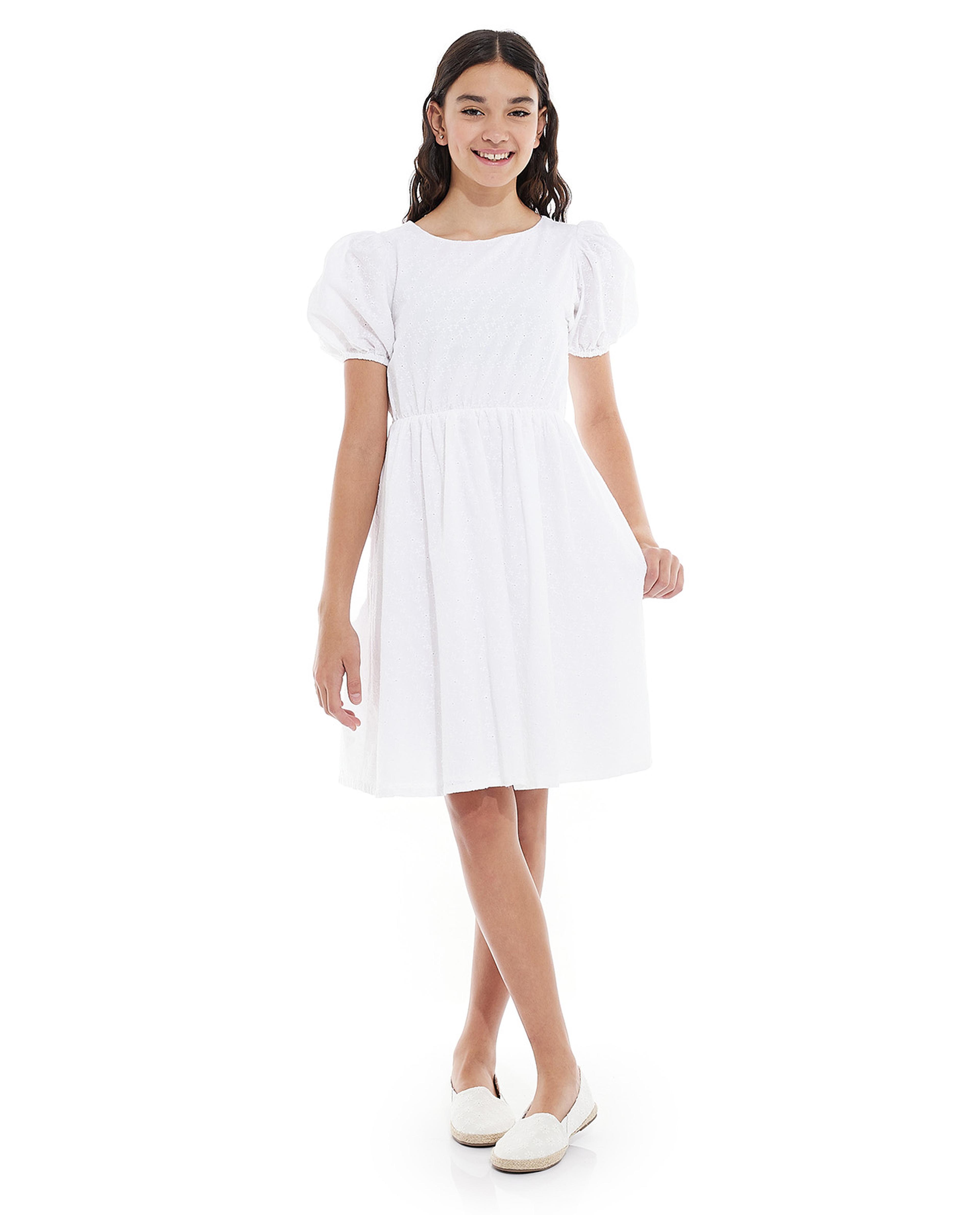 Schiffli Fit and Flare Dress with Crew Neck and Puff Sleeves