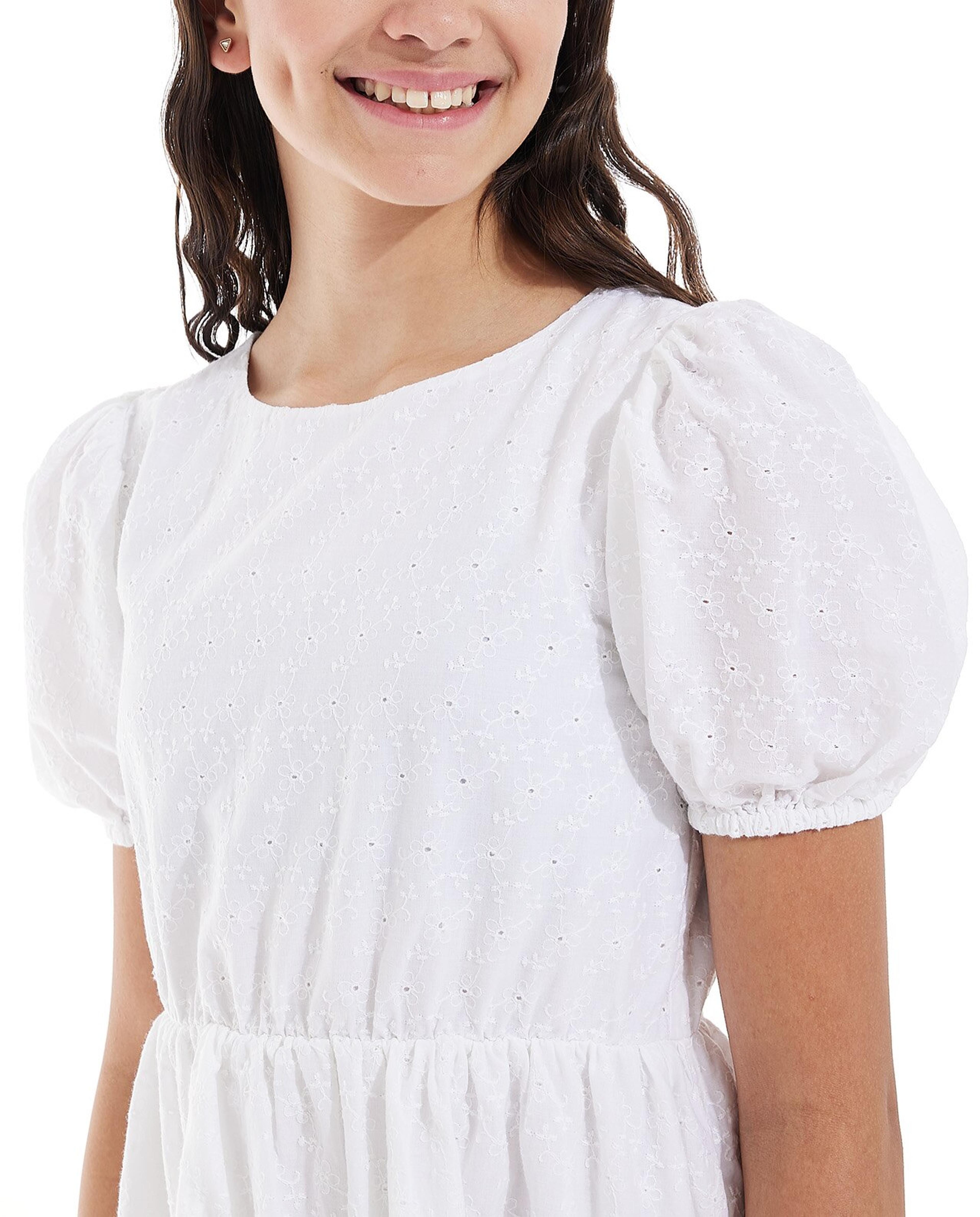 Schiffli Fit and Flare Dress with Crew Neck and Puff Sleeves