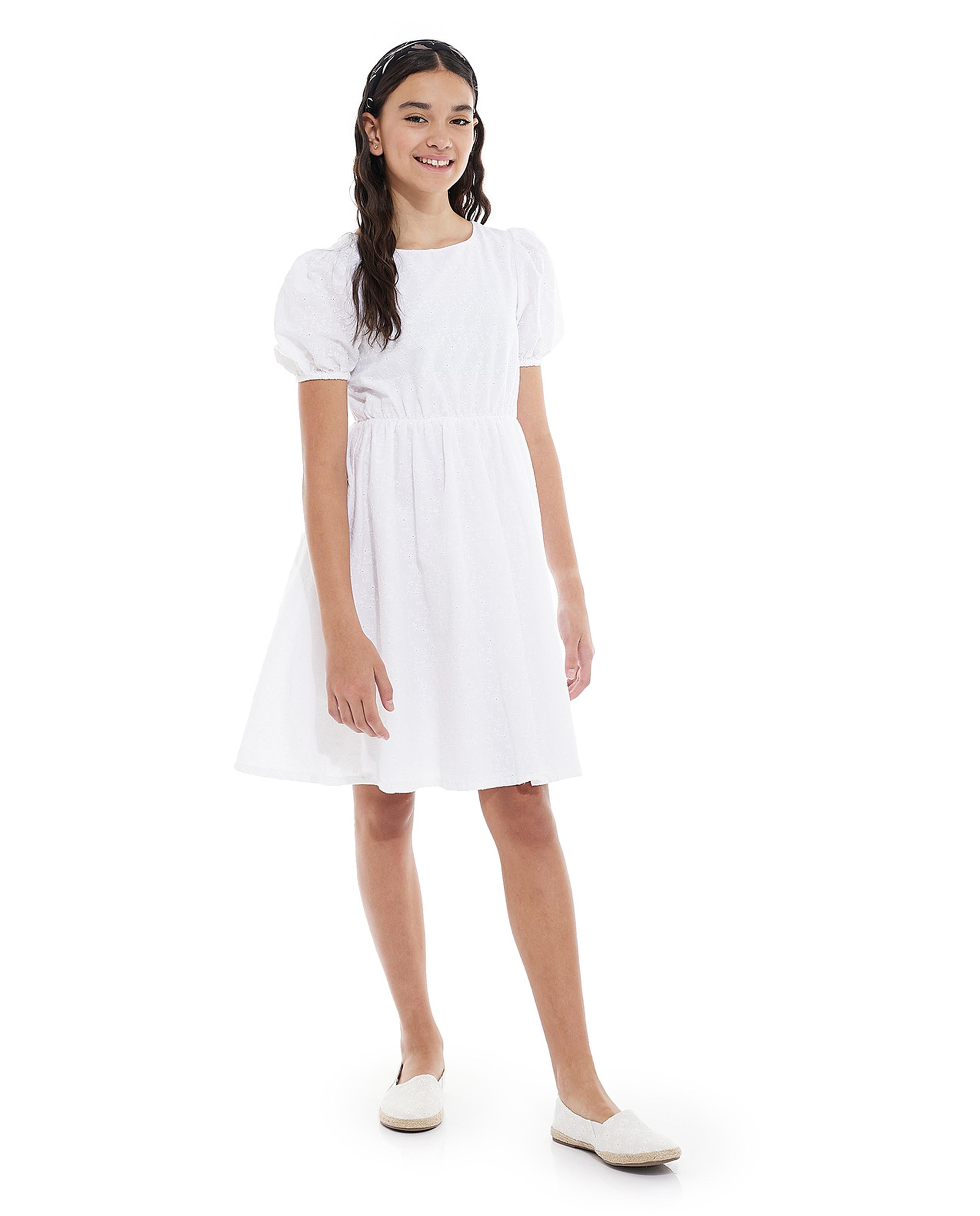 Schiffli Fit and Flare Dress with Crew Neck and Puff Sleeves
