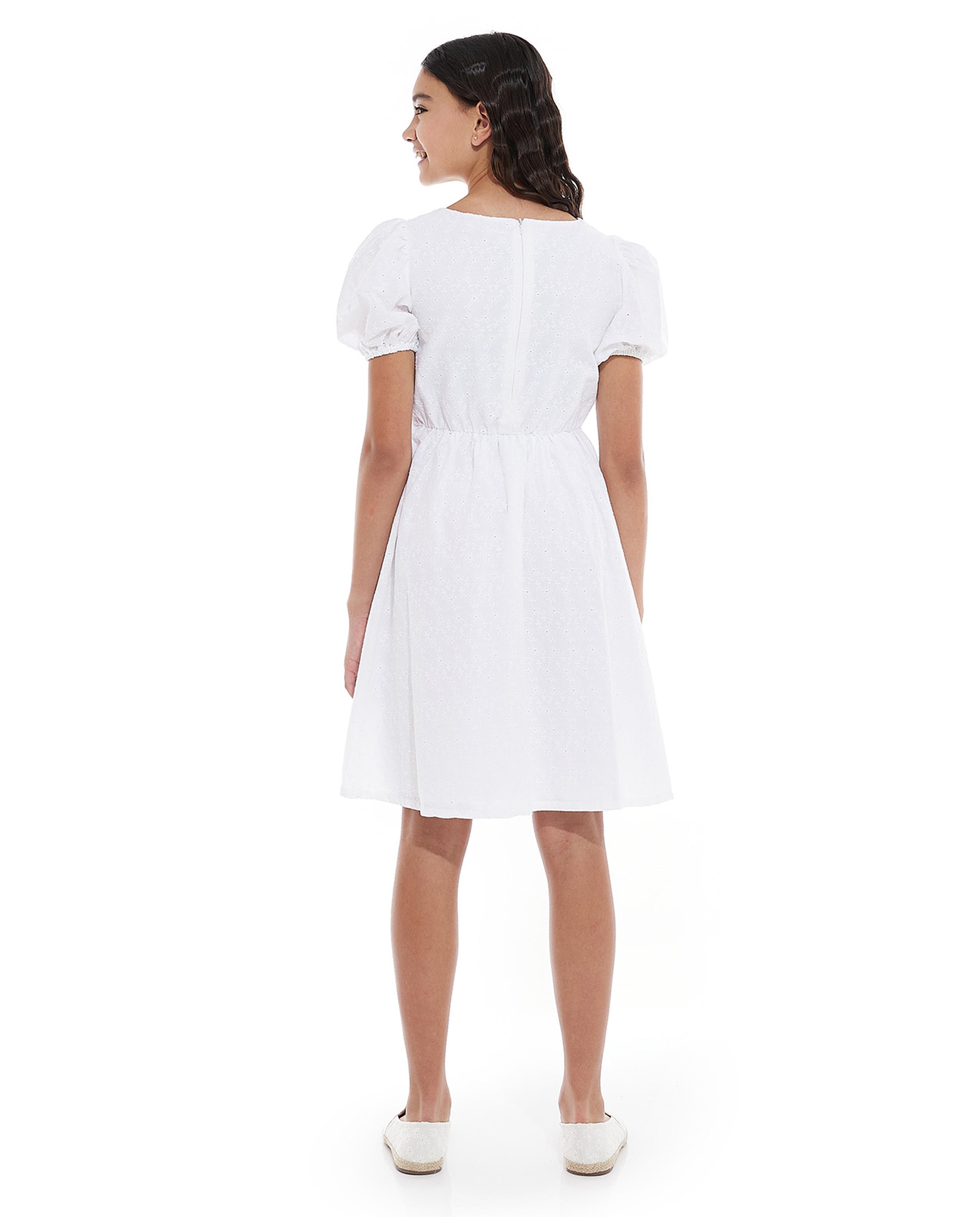 Schiffli Fit and Flare Dress with Crew Neck and Puff Sleeves