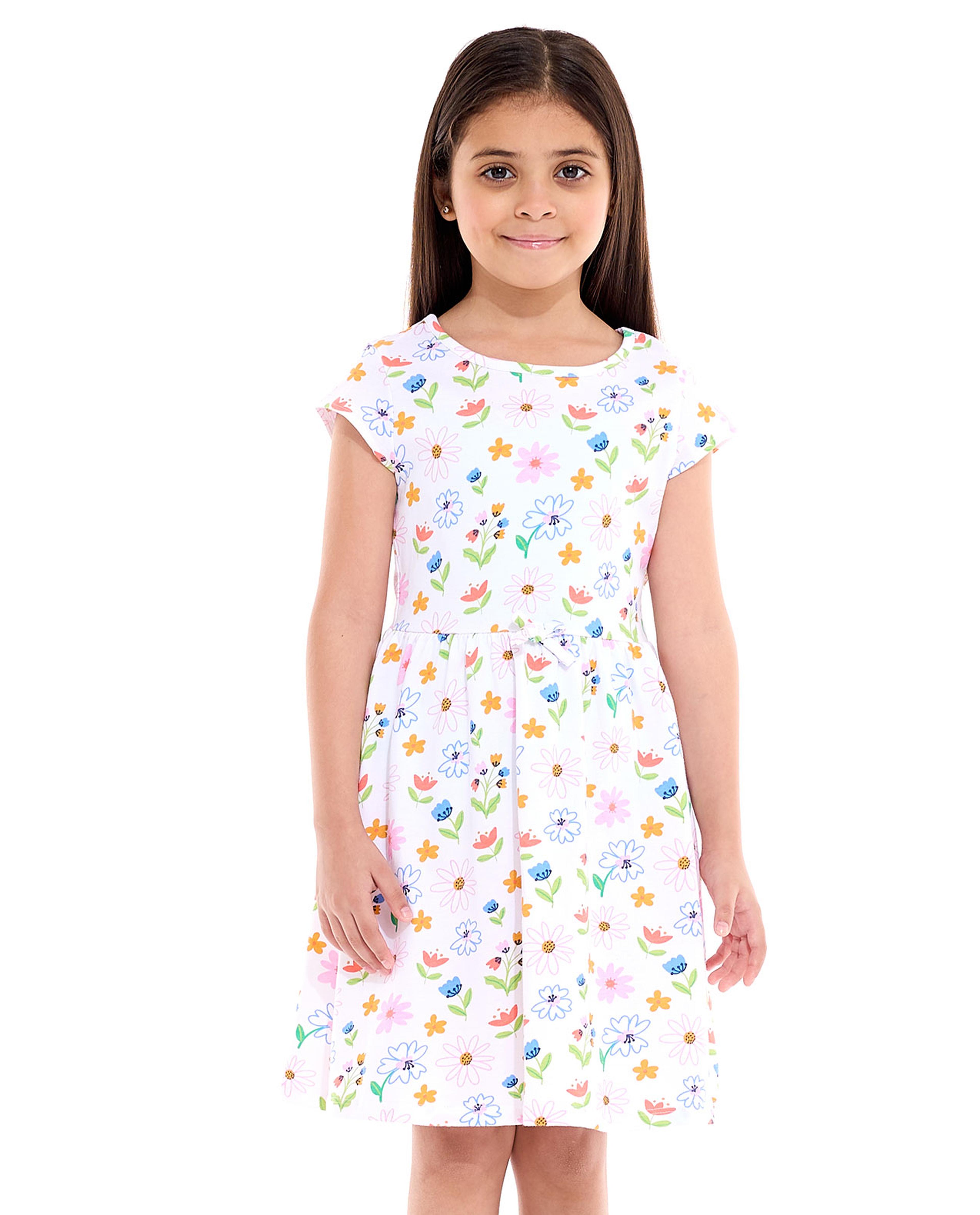 Printed Fit and Flare Dress with Crew Neck and Cap Sleeves