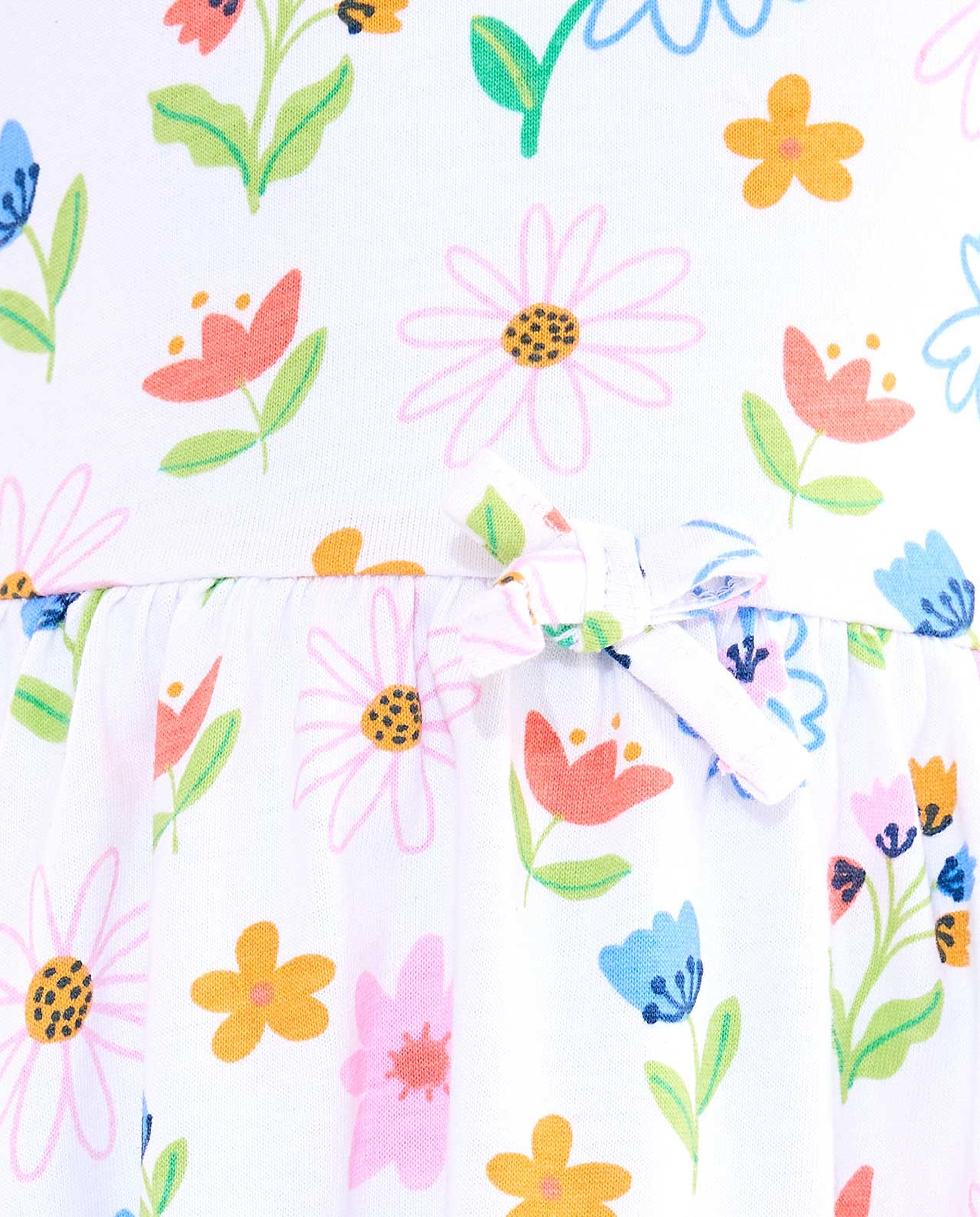 Printed Fit and Flare Dress with Crew Neck and Cap Sleeves