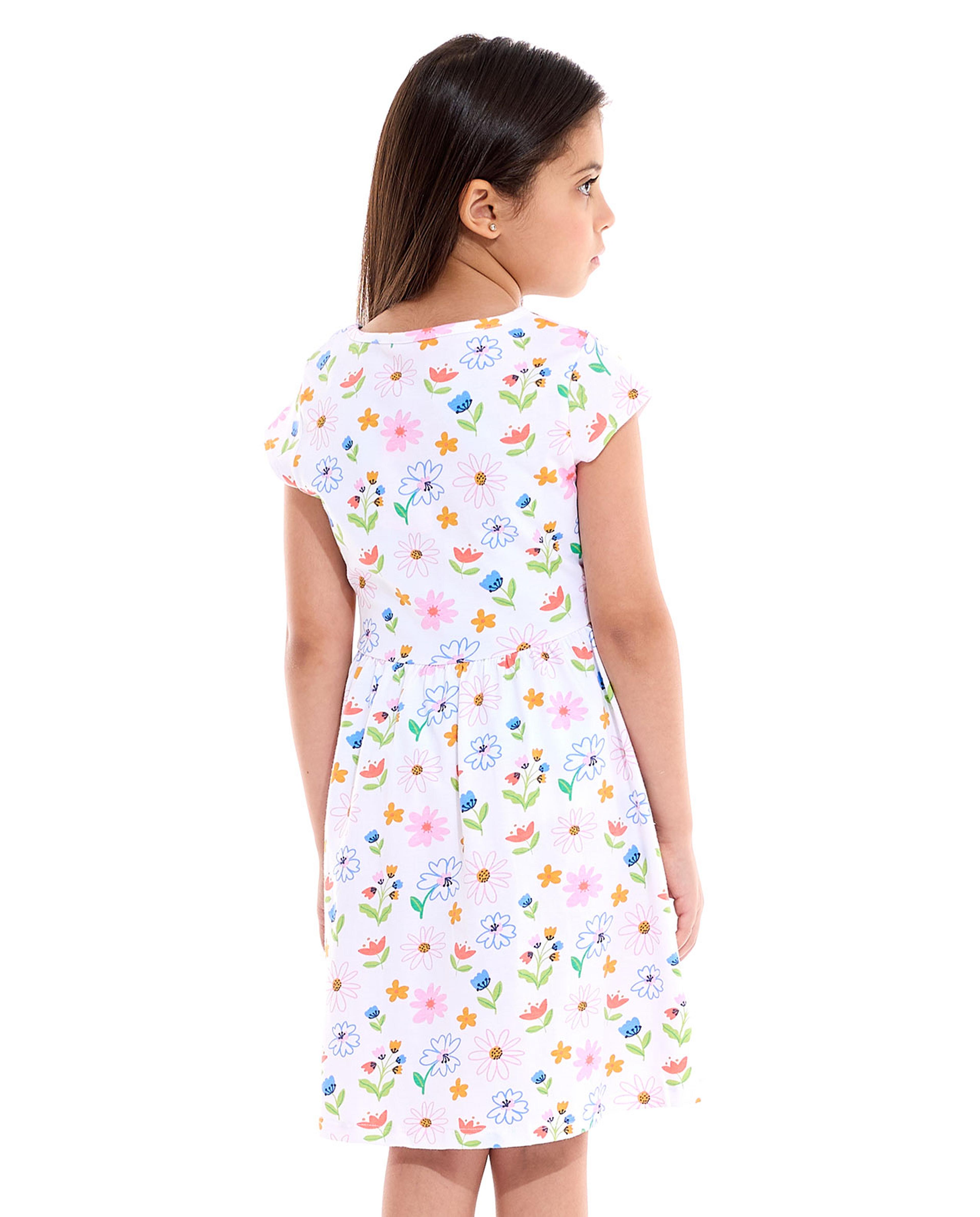Printed Fit and Flare Dress with Crew Neck and Cap Sleeves