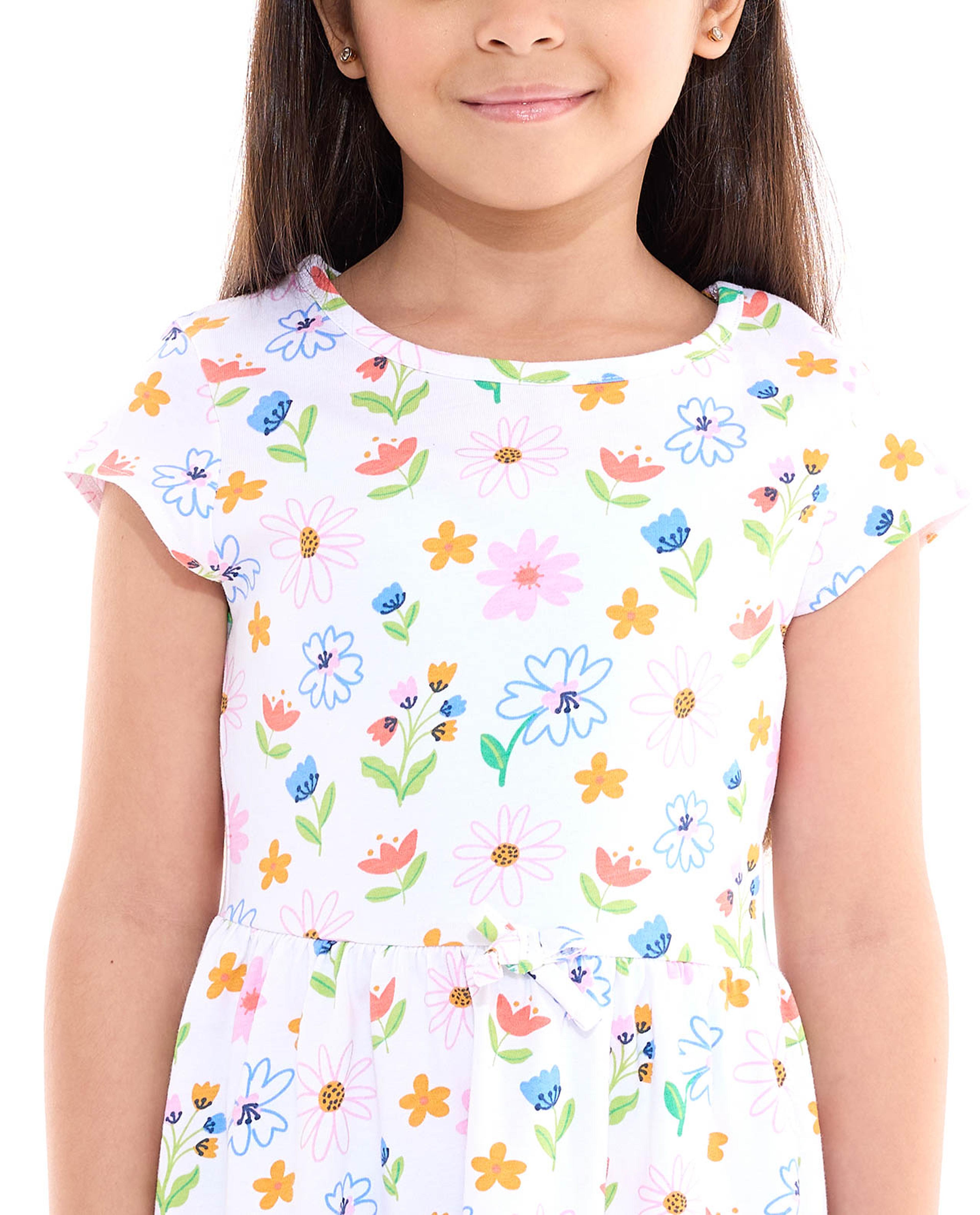 Printed Fit and Flare Dress with Crew Neck and Cap Sleeves