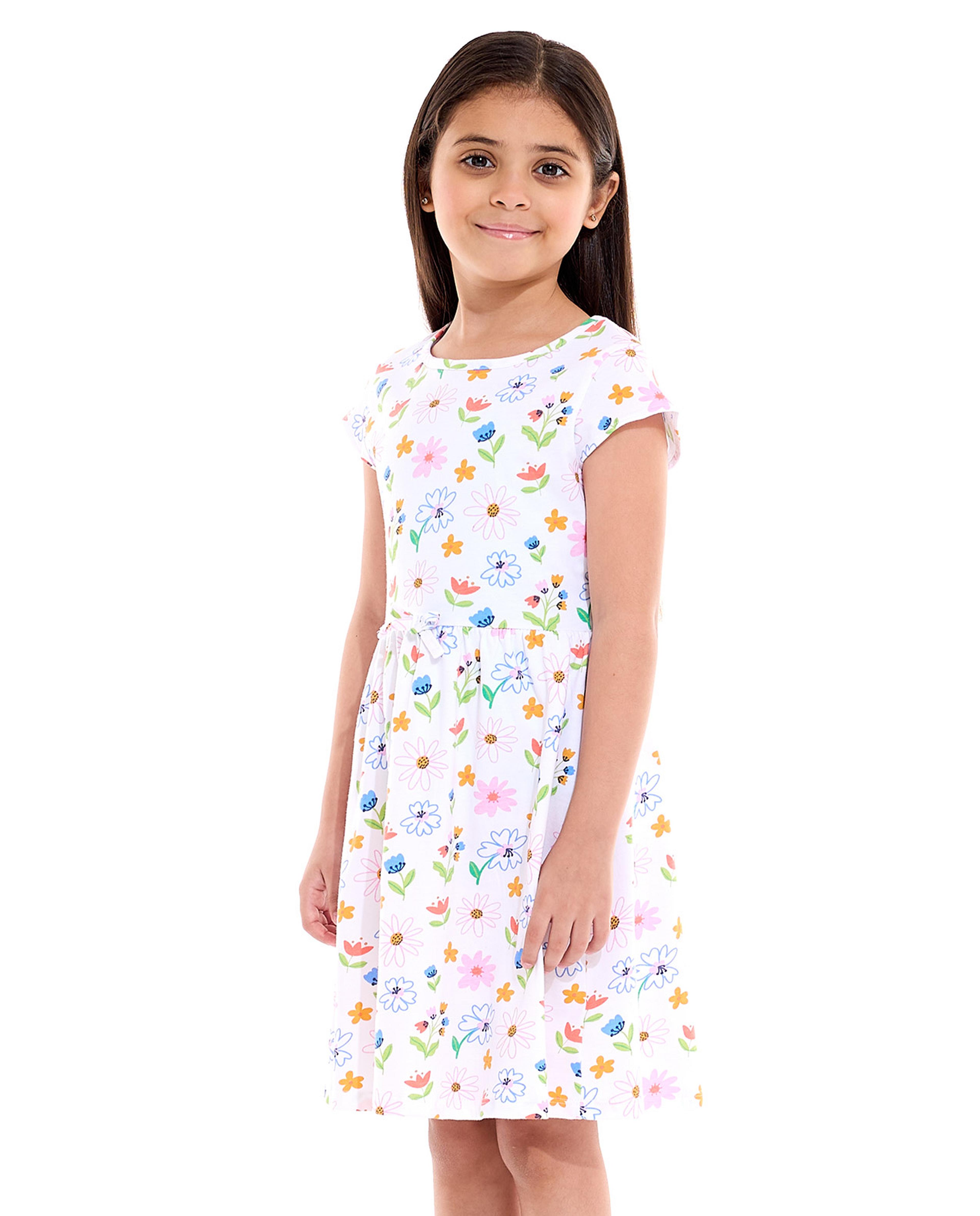 Printed Fit and Flare Dress with Crew Neck and Cap Sleeves