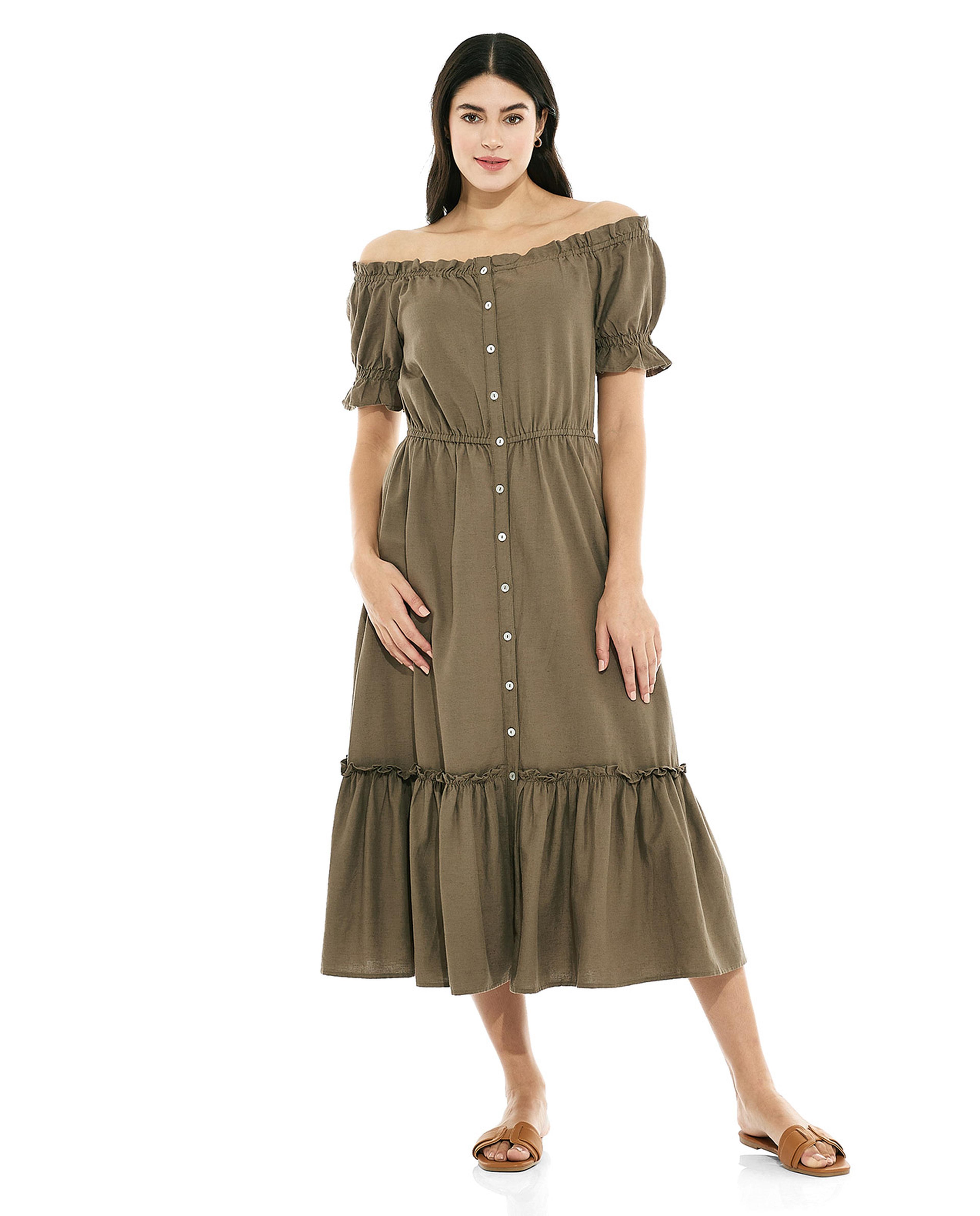 فستان بدون أكتاف سادة بأكمام باف