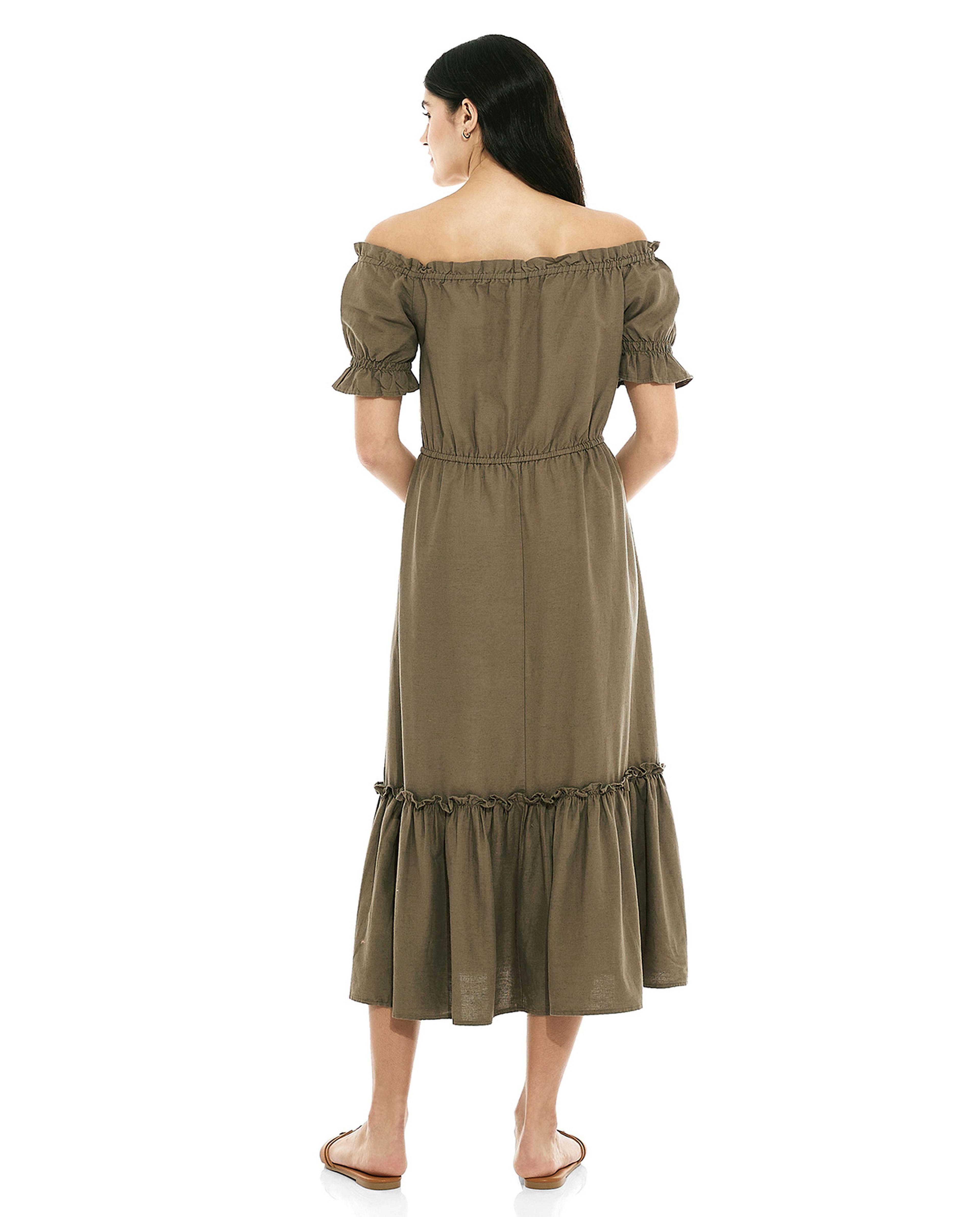 فستان بدون أكتاف سادة بأكمام باف