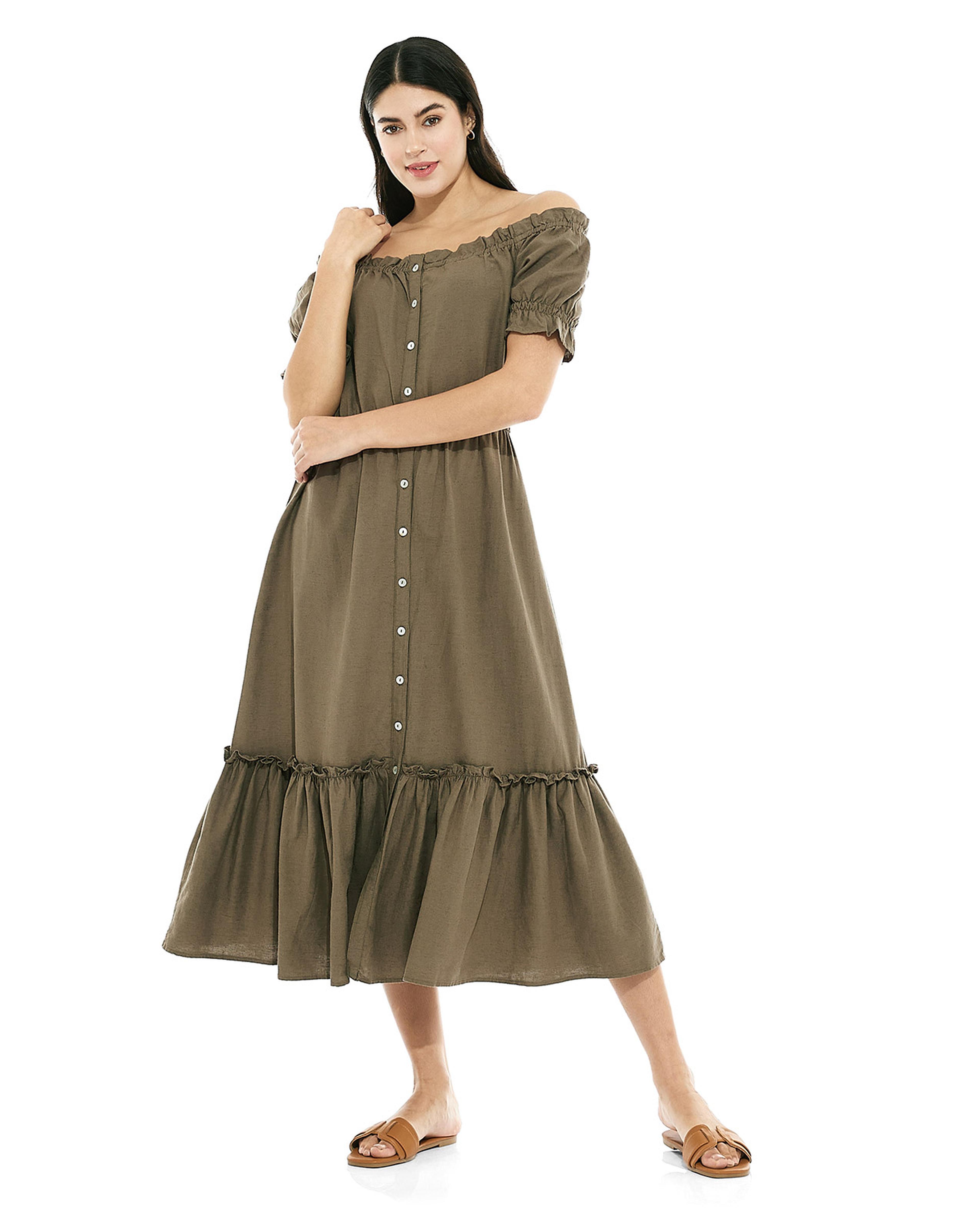 فستان بدون أكتاف سادة بأكمام باف