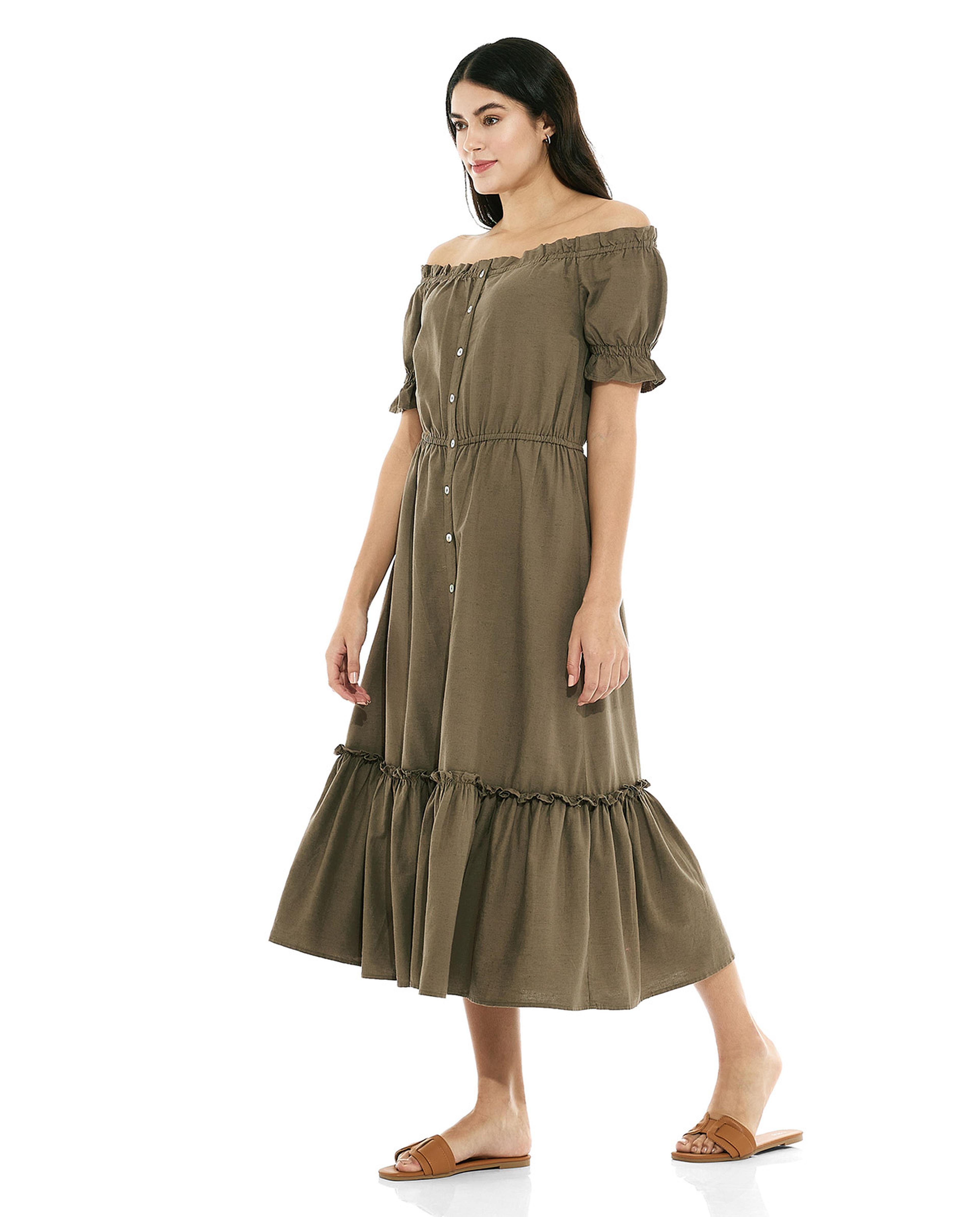 فستان بدون أكتاف سادة بأكمام باف