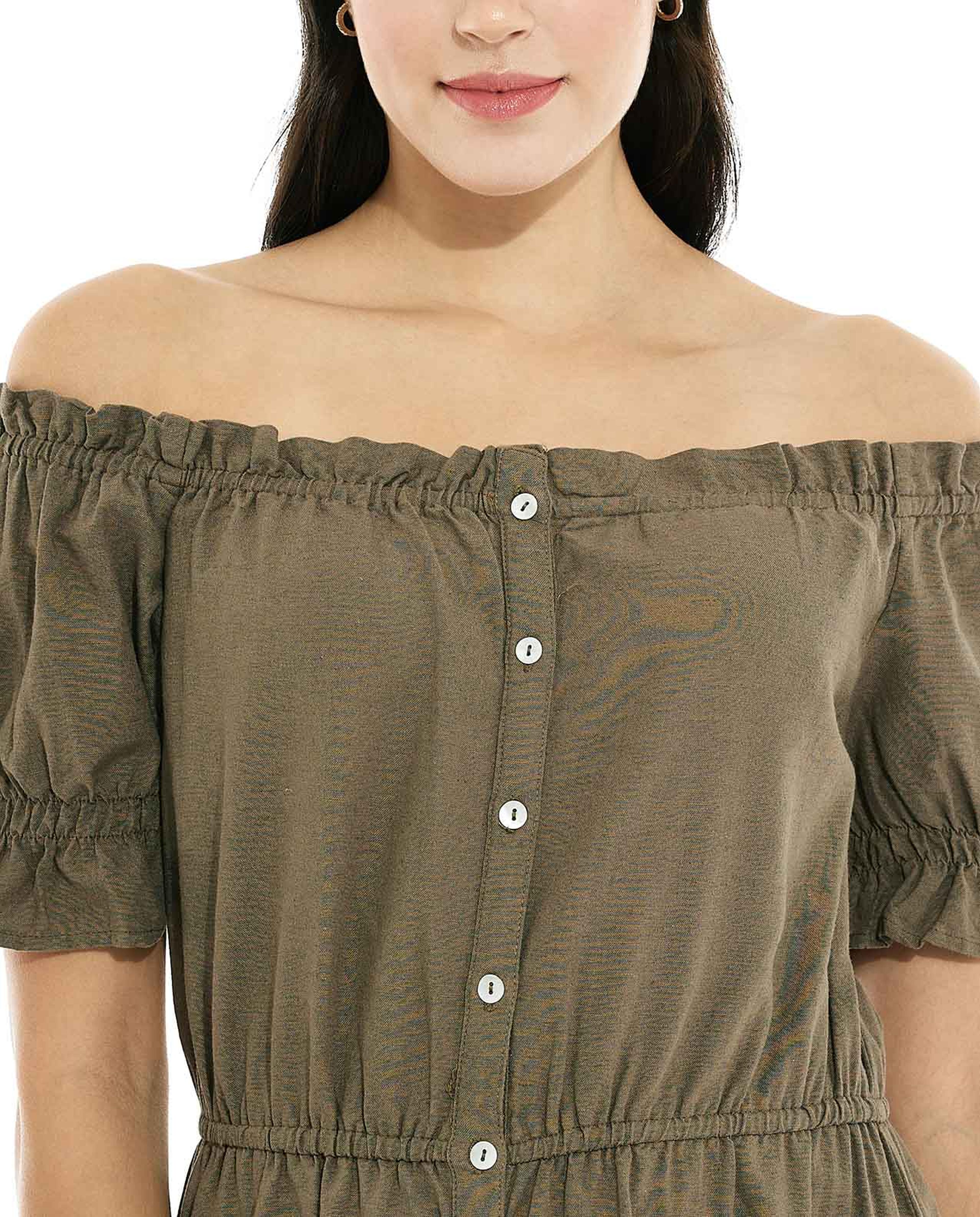 فستان بدون أكتاف سادة بأكمام باف