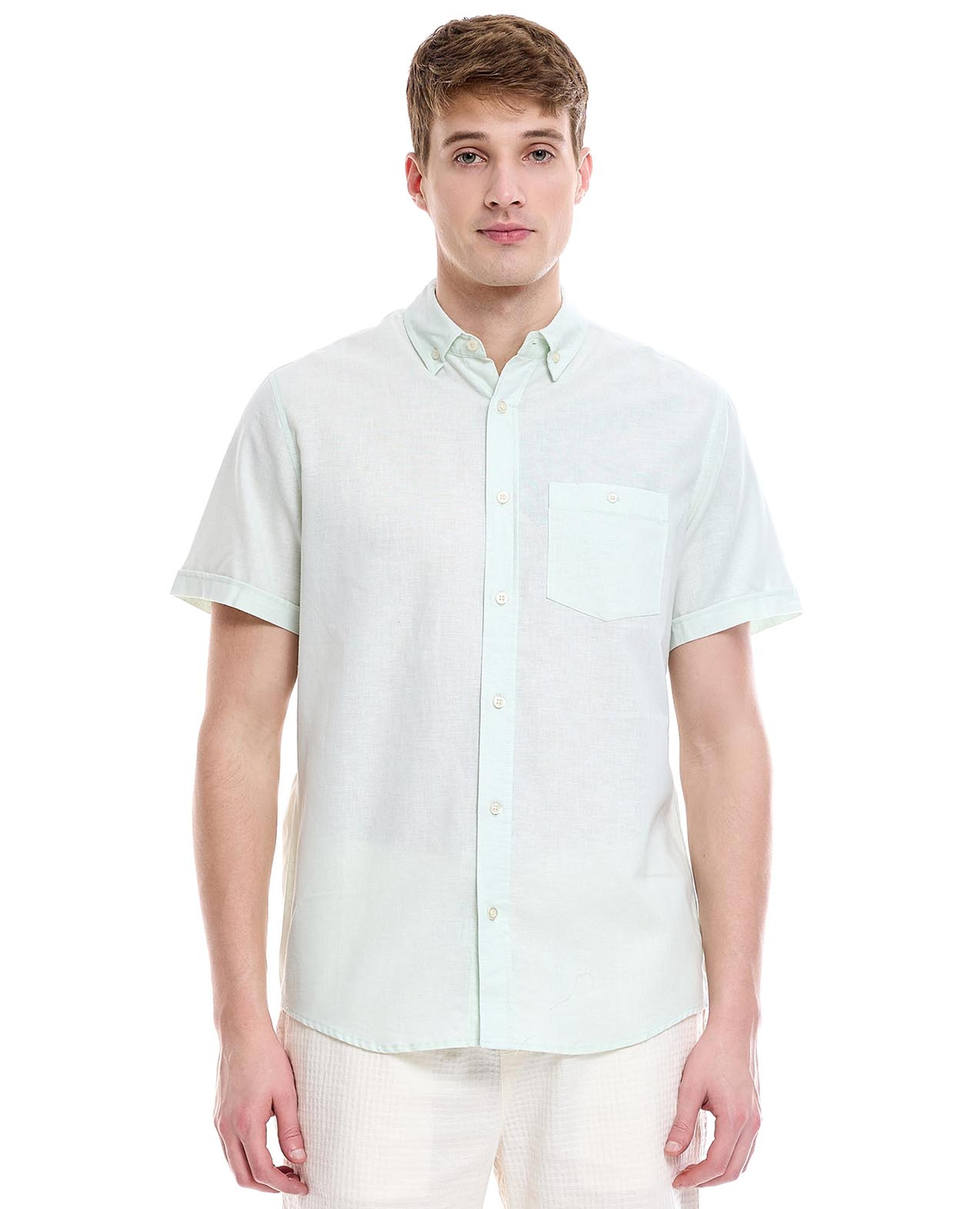 Solid Shirt with Button-Down Collar and Short Sleeves