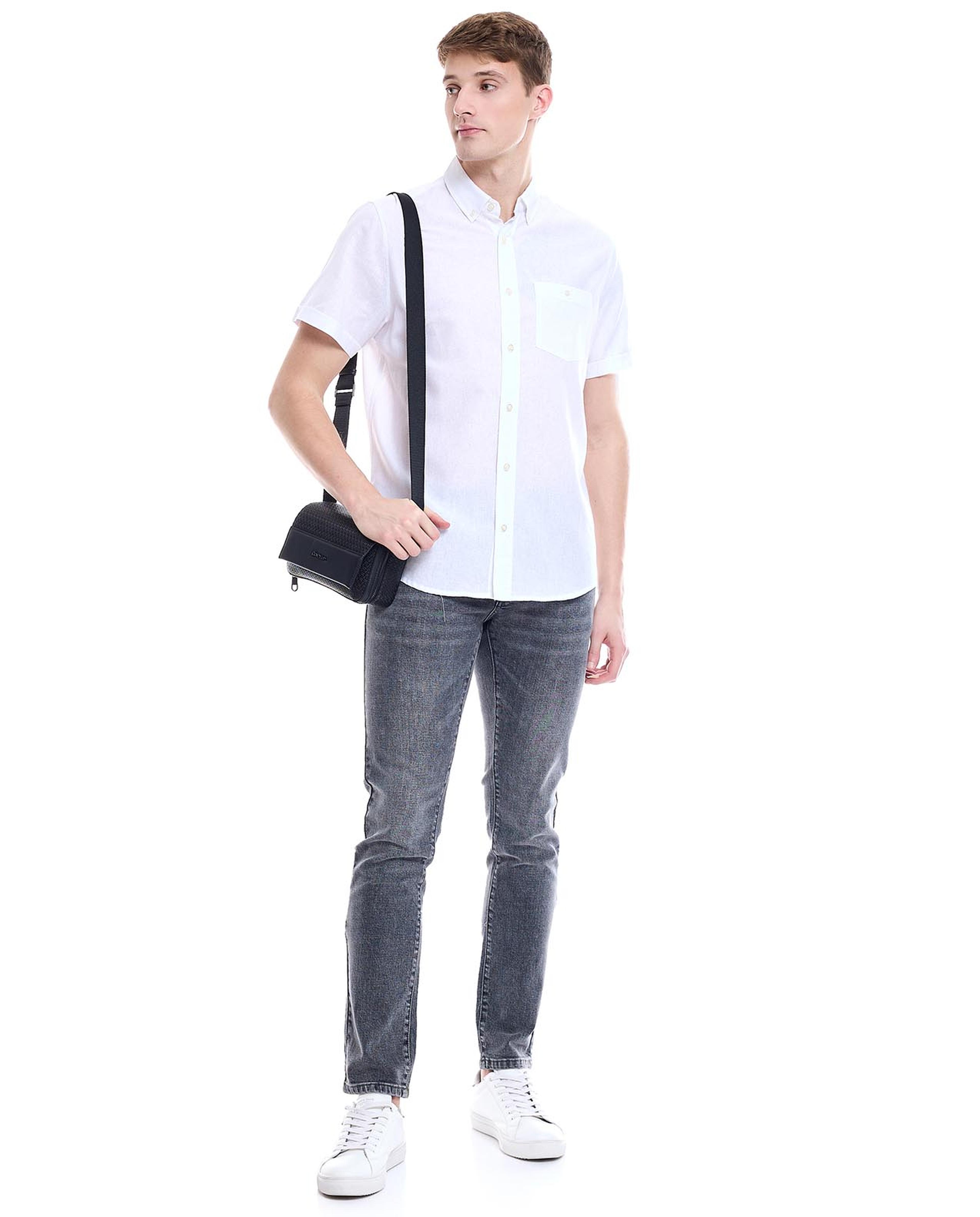 Solid Shirt with Button-Down Collar and Short Sleeves