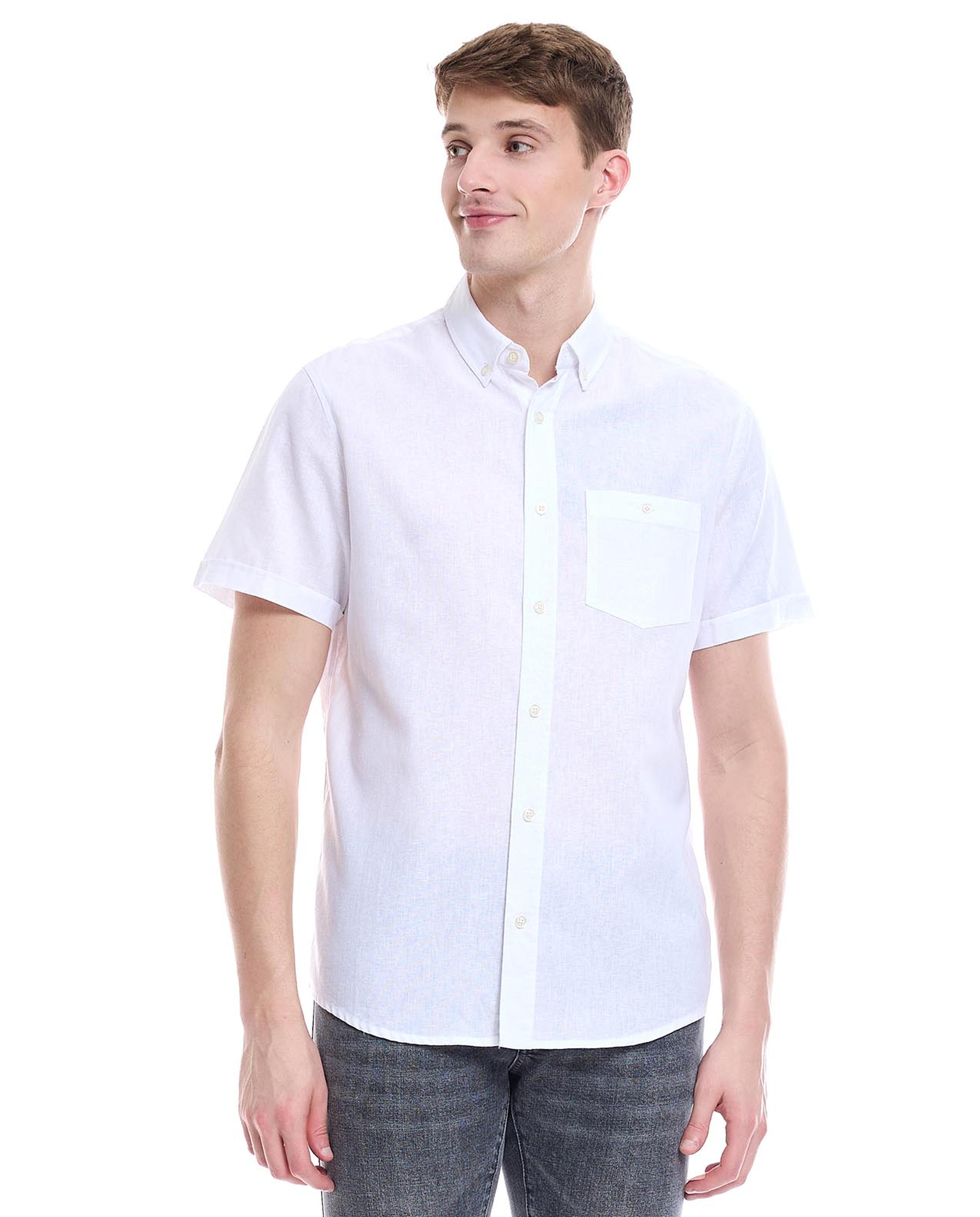 Solid Shirt with Button-Down Collar and Short Sleeves