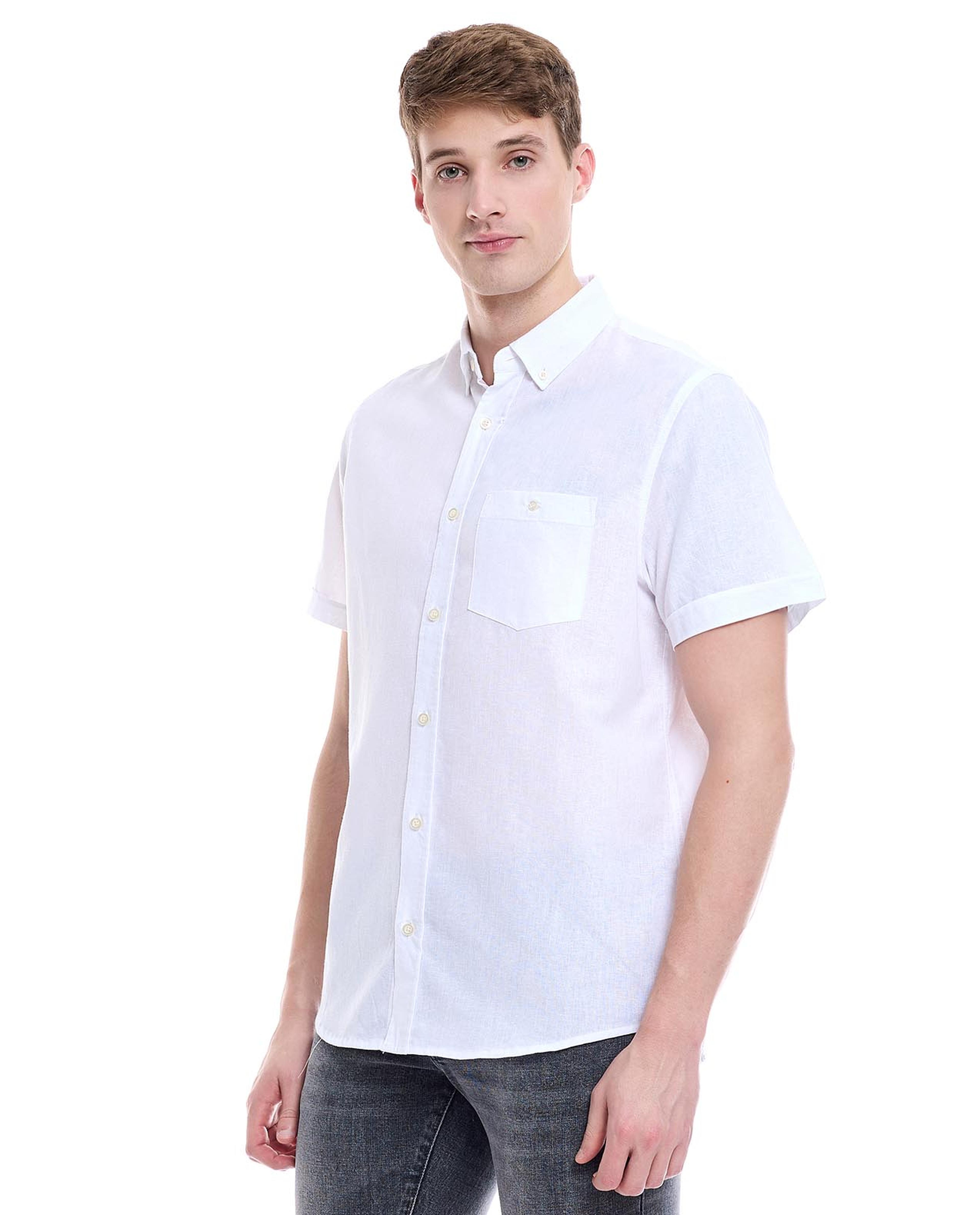 Solid Shirt with Button-Down Collar and Short Sleeves