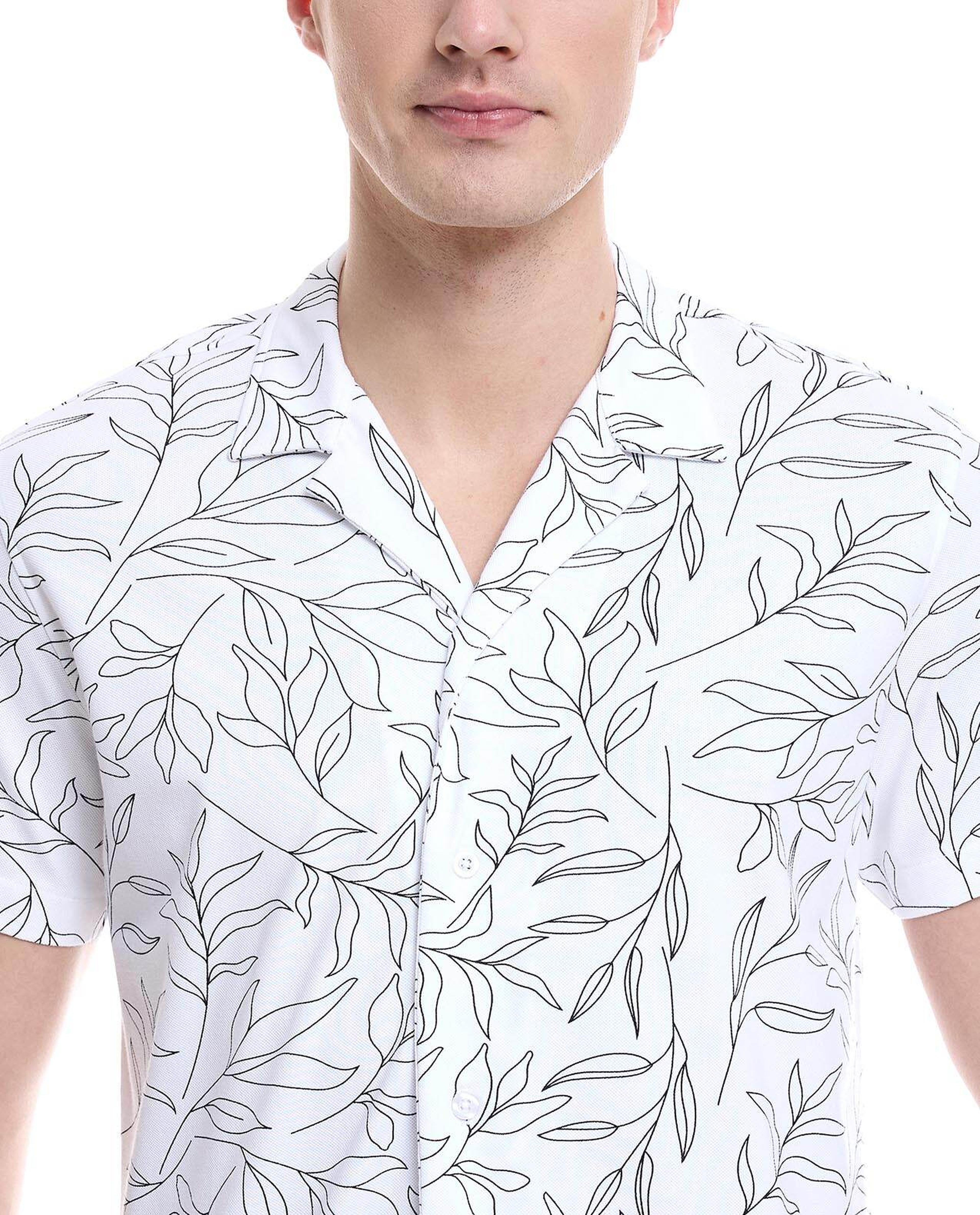 Printed Shirt with Revere Collar and Short Sleeves