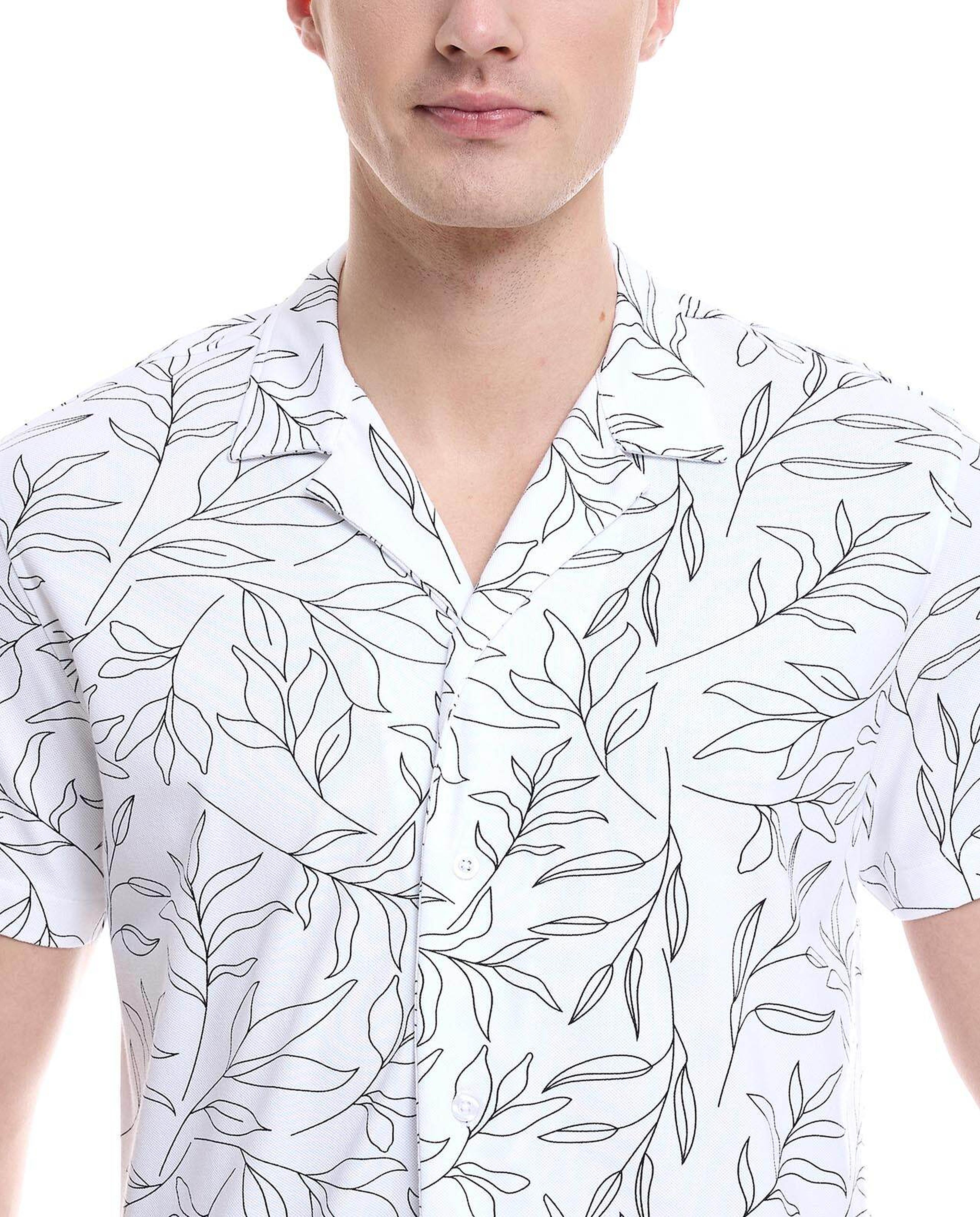 Printed Shirt with Revere Collar and Short Sleeves