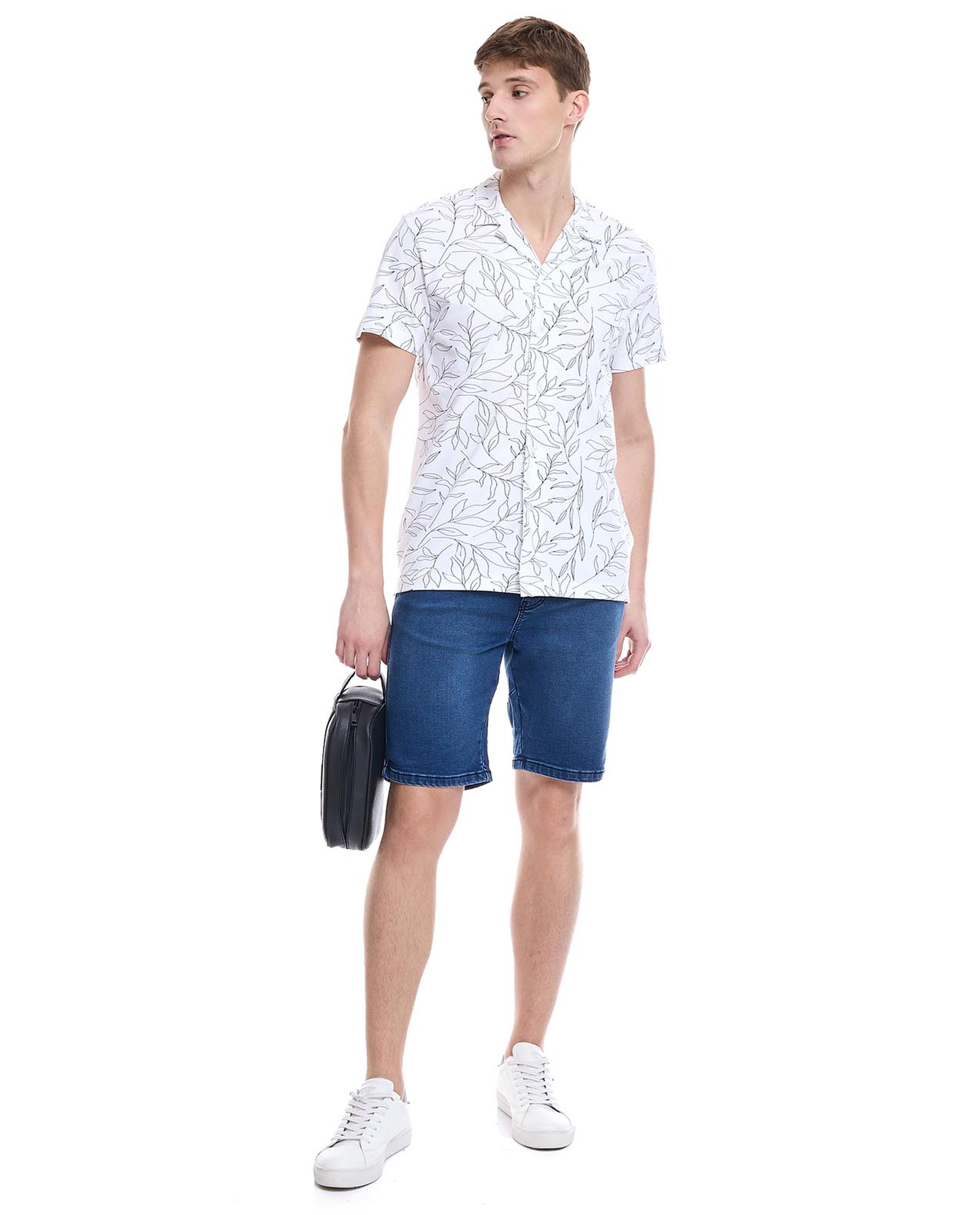 Printed Shirt with Revere Collar and Short Sleeves
