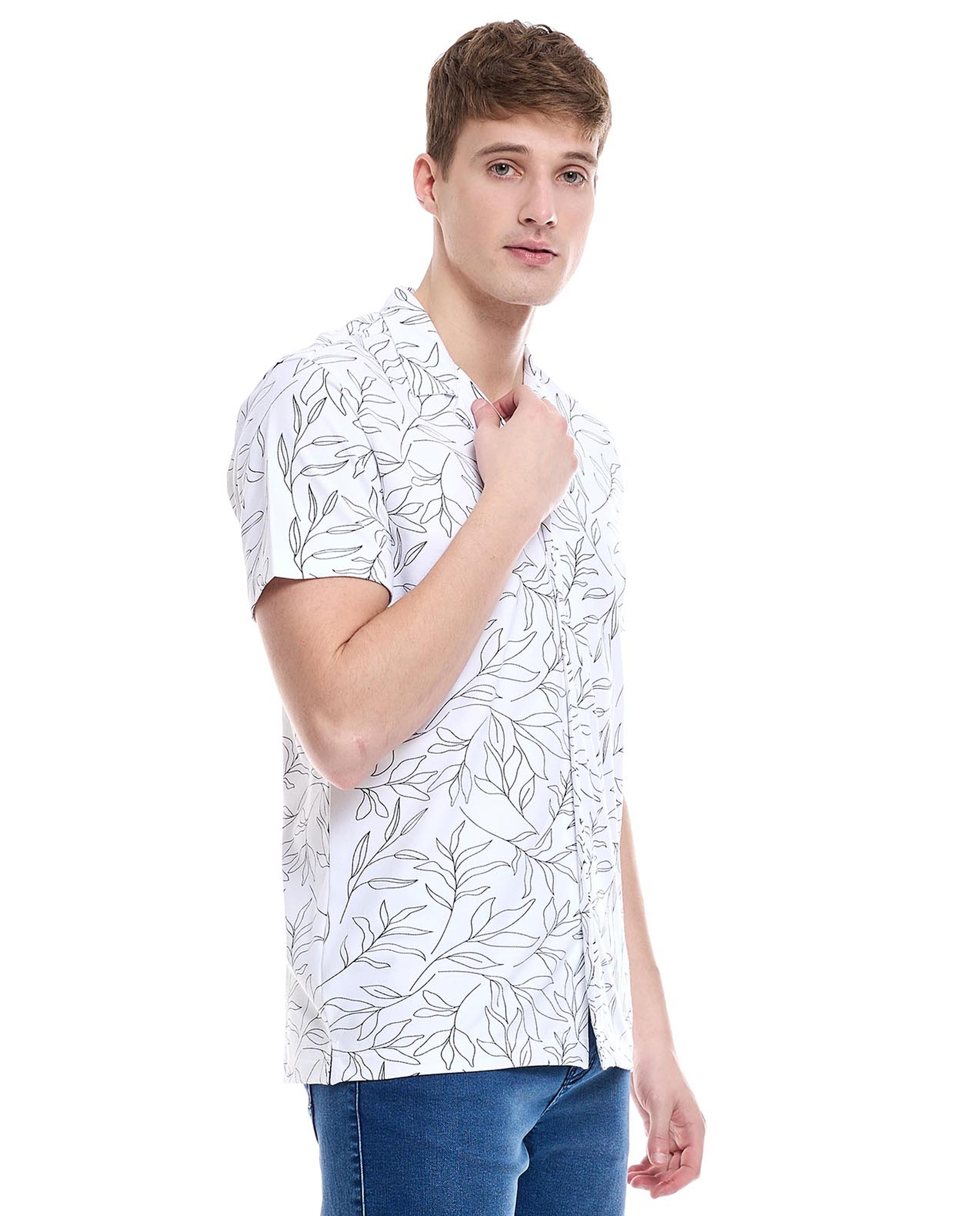 Printed Shirt with Revere Collar and Short Sleeves