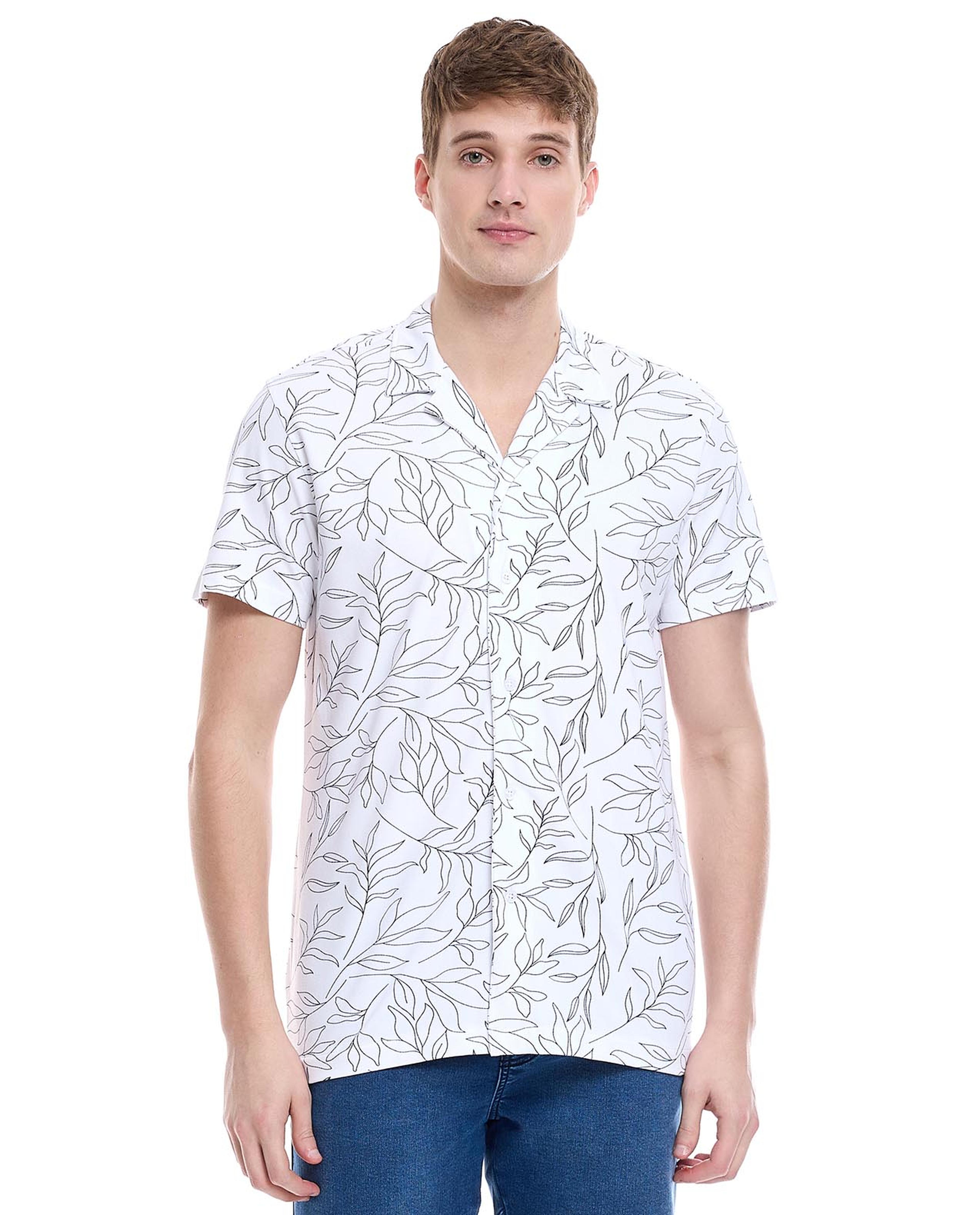 Printed Shirt with Revere Collar and Short Sleeves