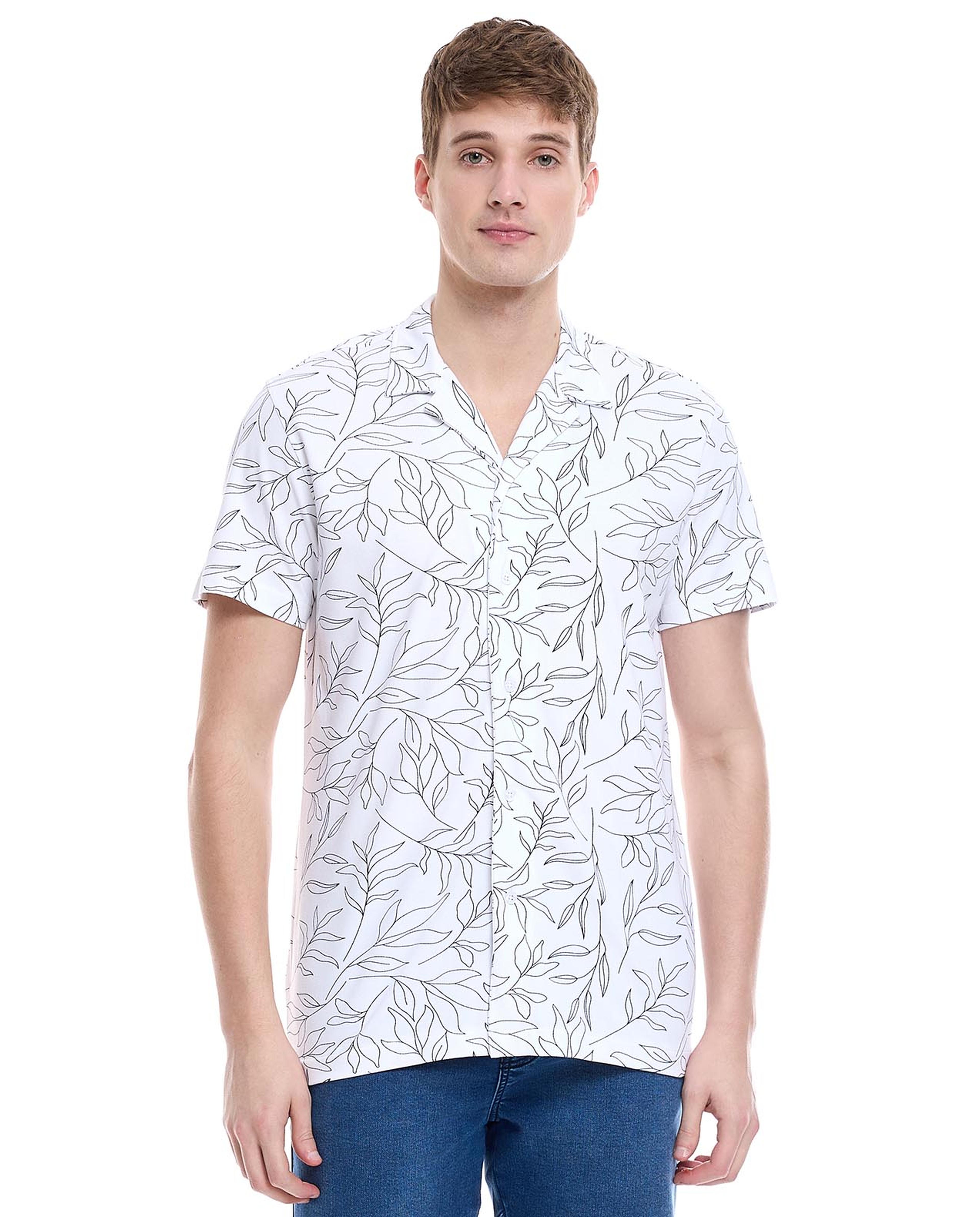 Printed Shirt with Revere Collar and Short Sleeves