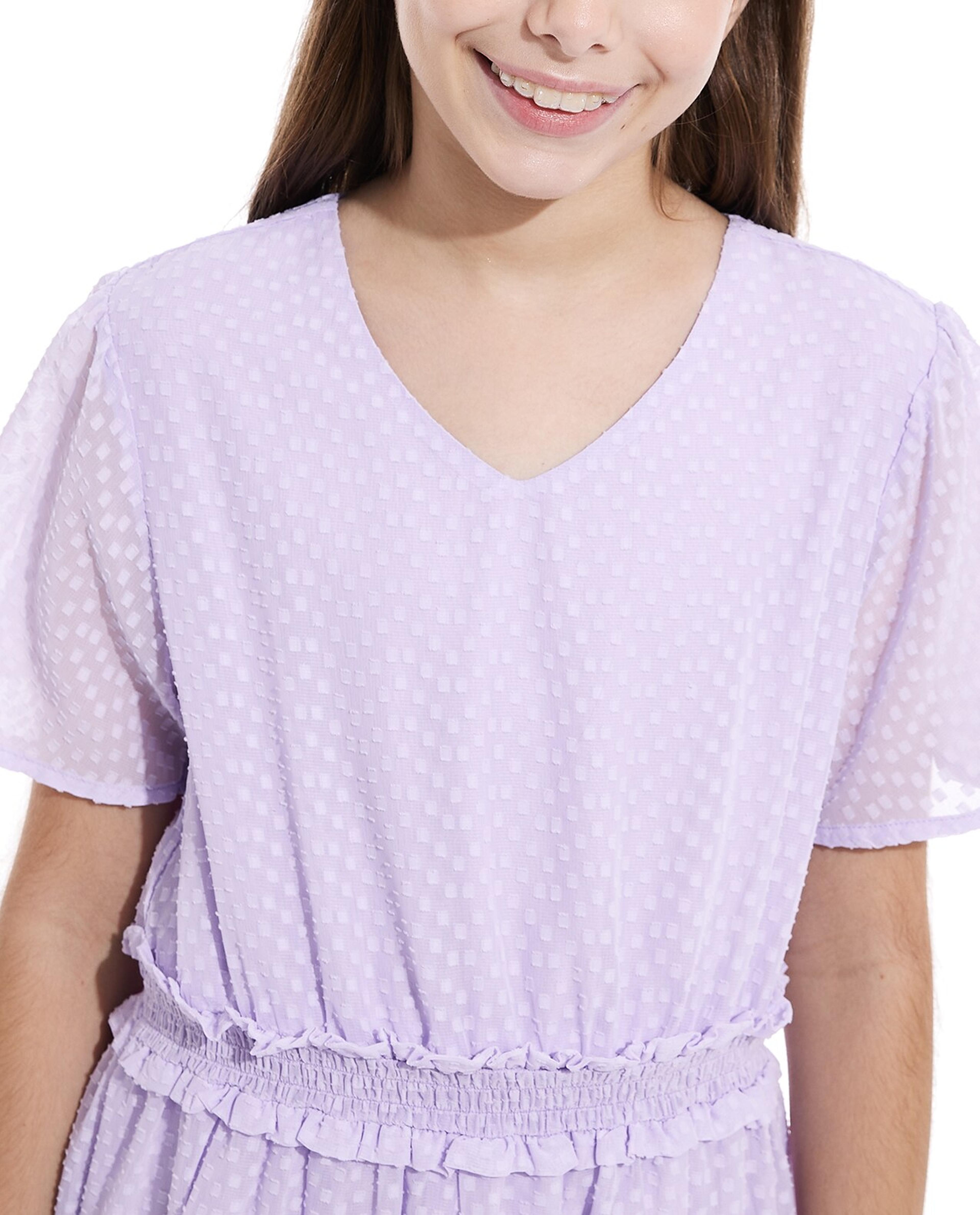 Self Design Tiered Dress with Flared Sleeves