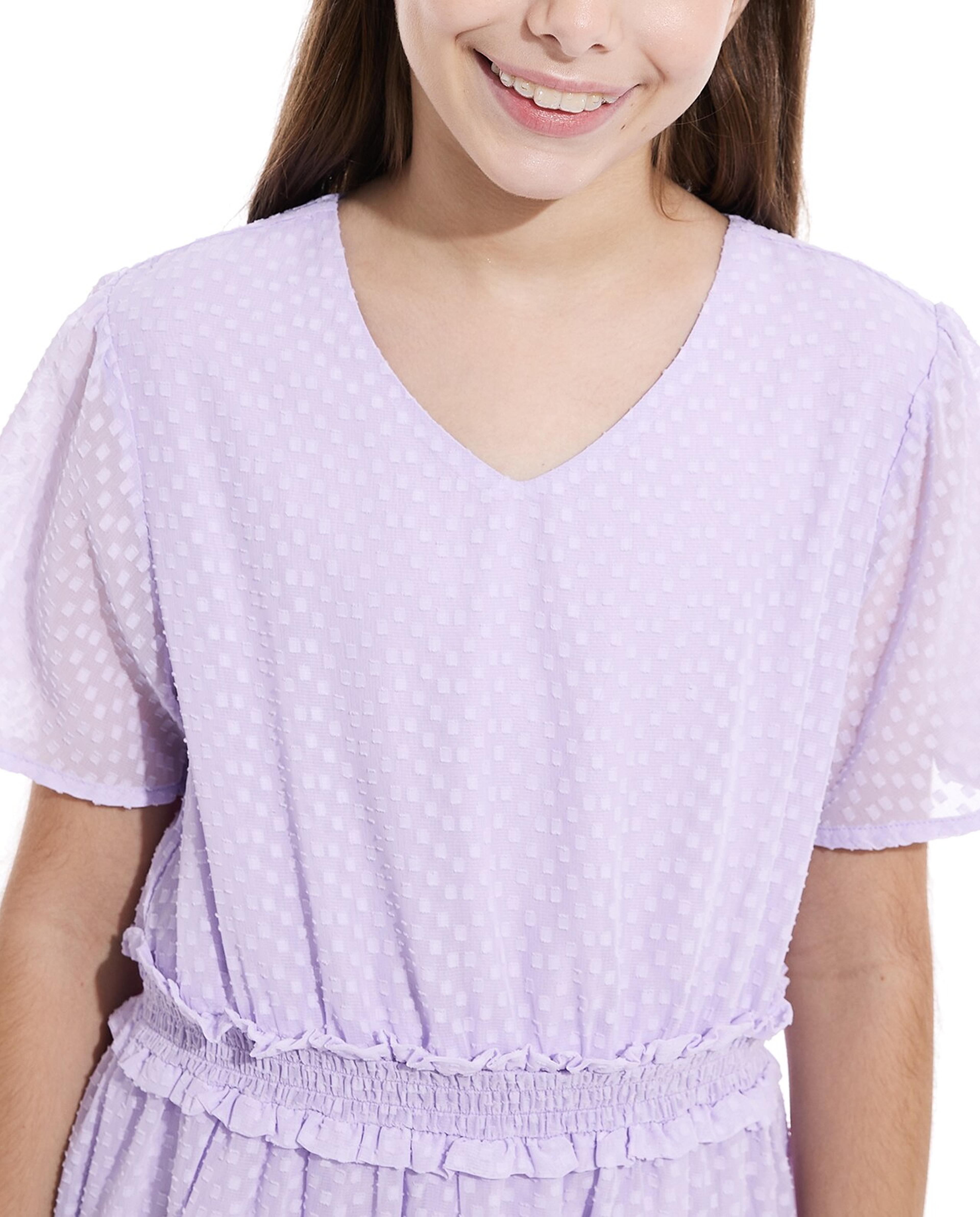 Self Design Tiered Dress with Flared Sleeves