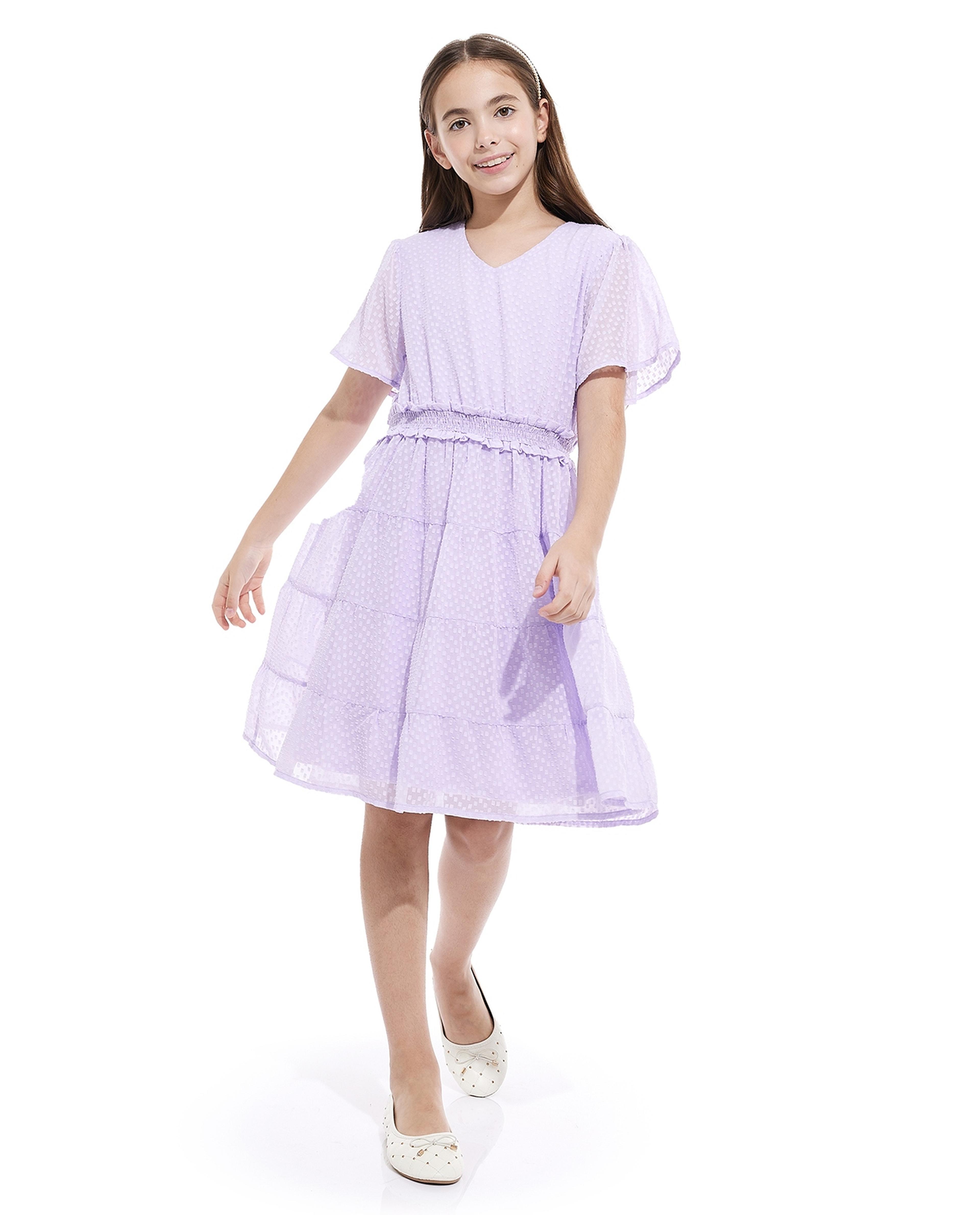 Self Design Tiered Dress with Flared Sleeves