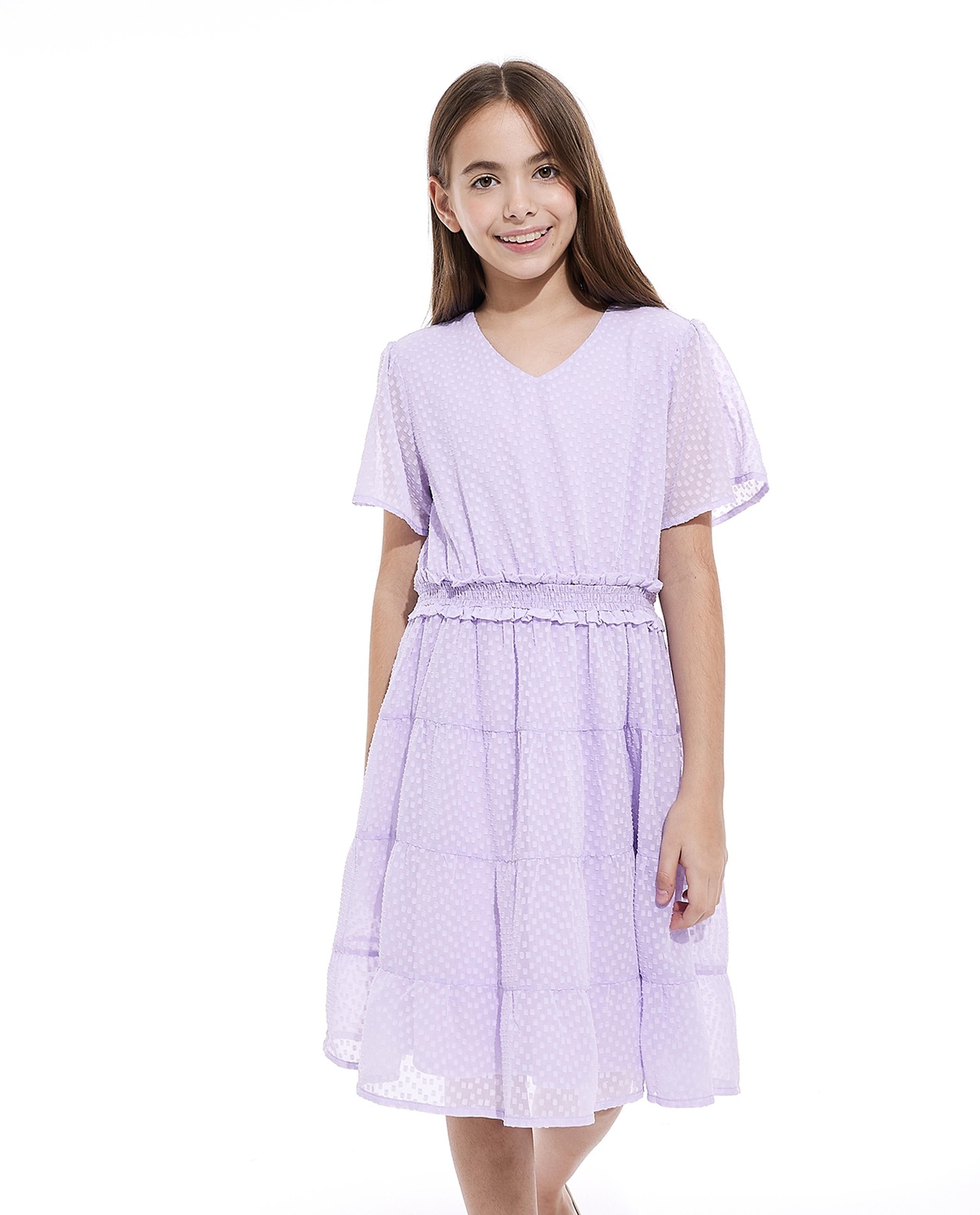 Self Design Tiered Dress with Flared Sleeves