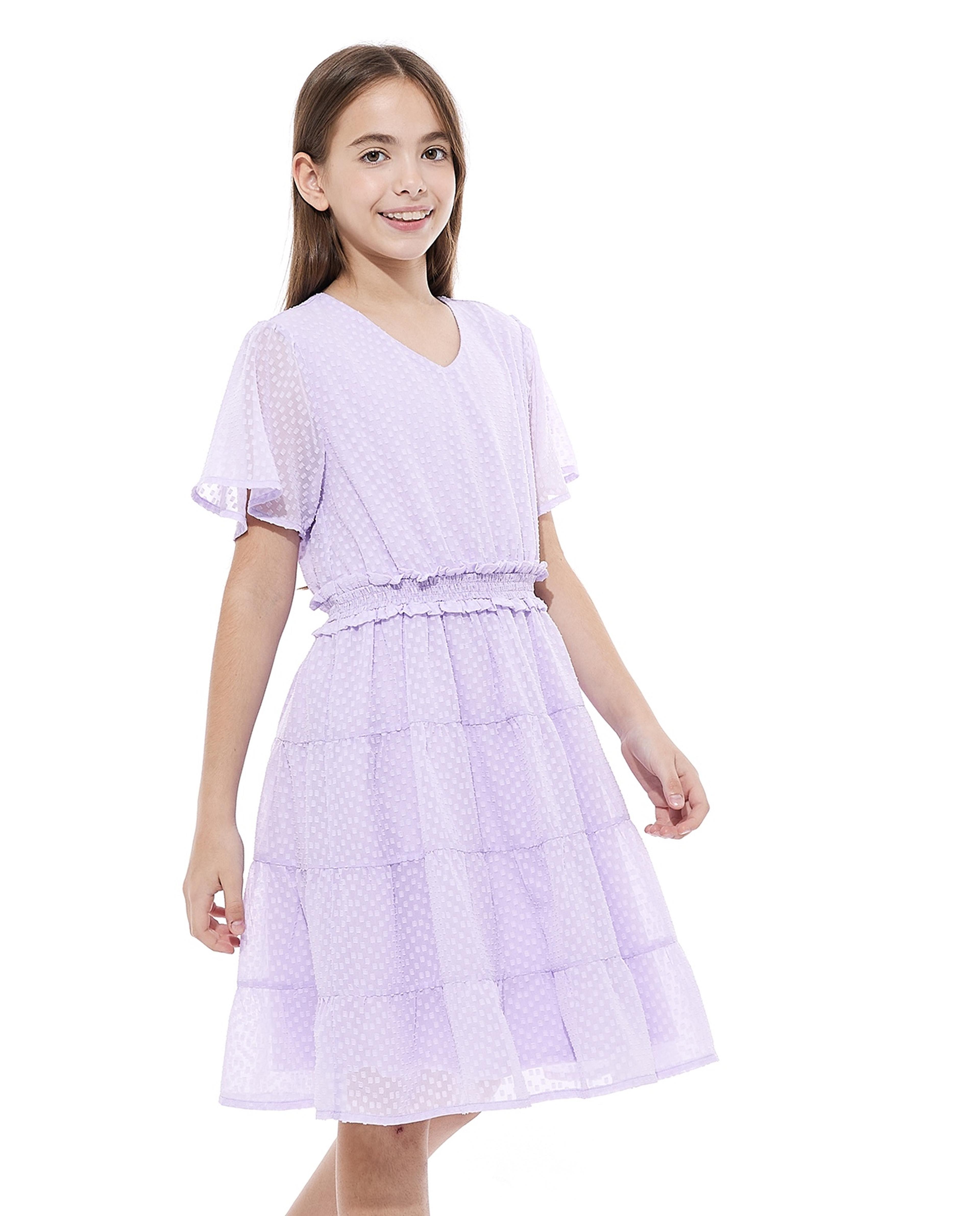 Self Design Tiered Dress with Flared Sleeves