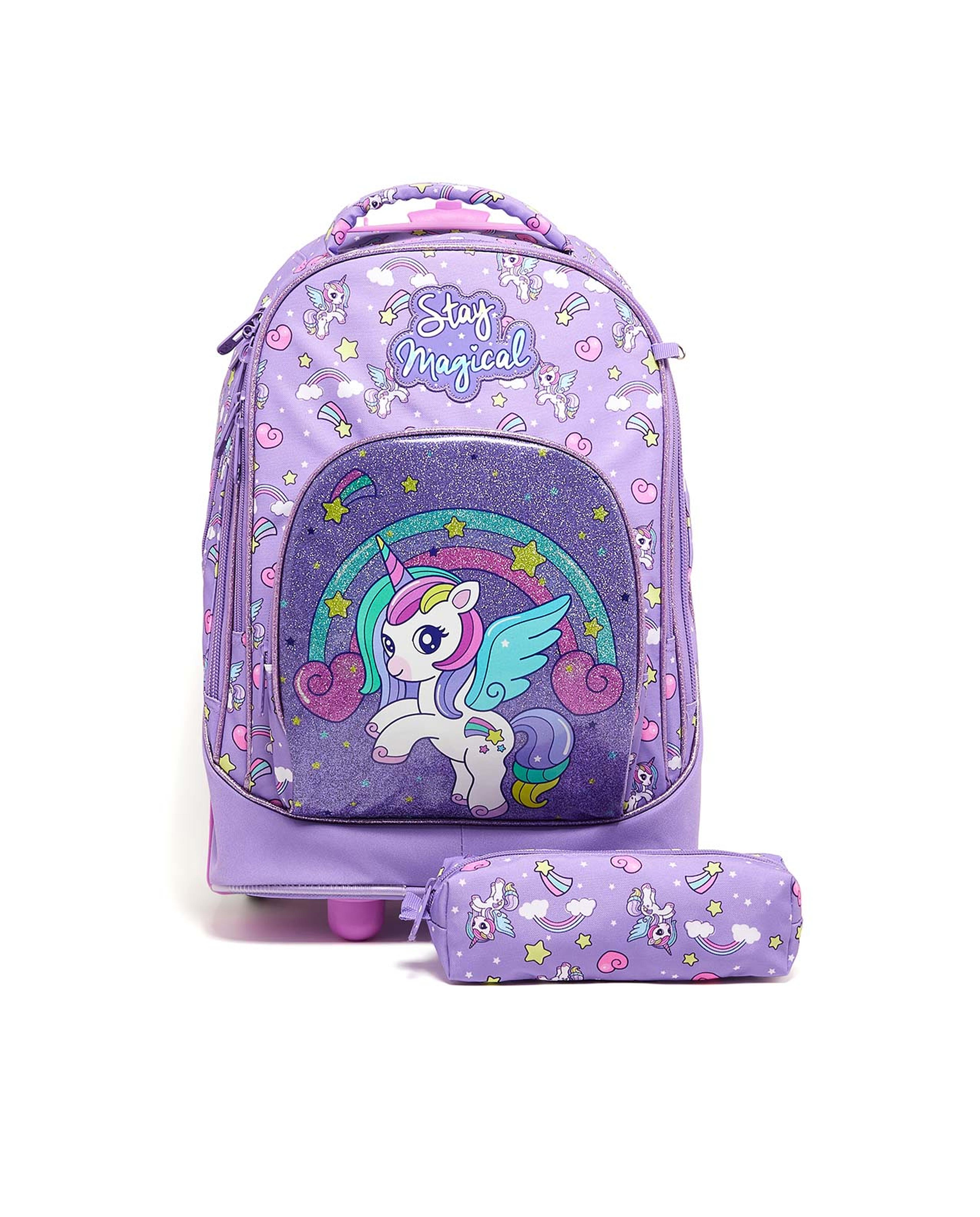 حقيبة ظهر بعجلات بطبعة يونيكورن مع مقلمة