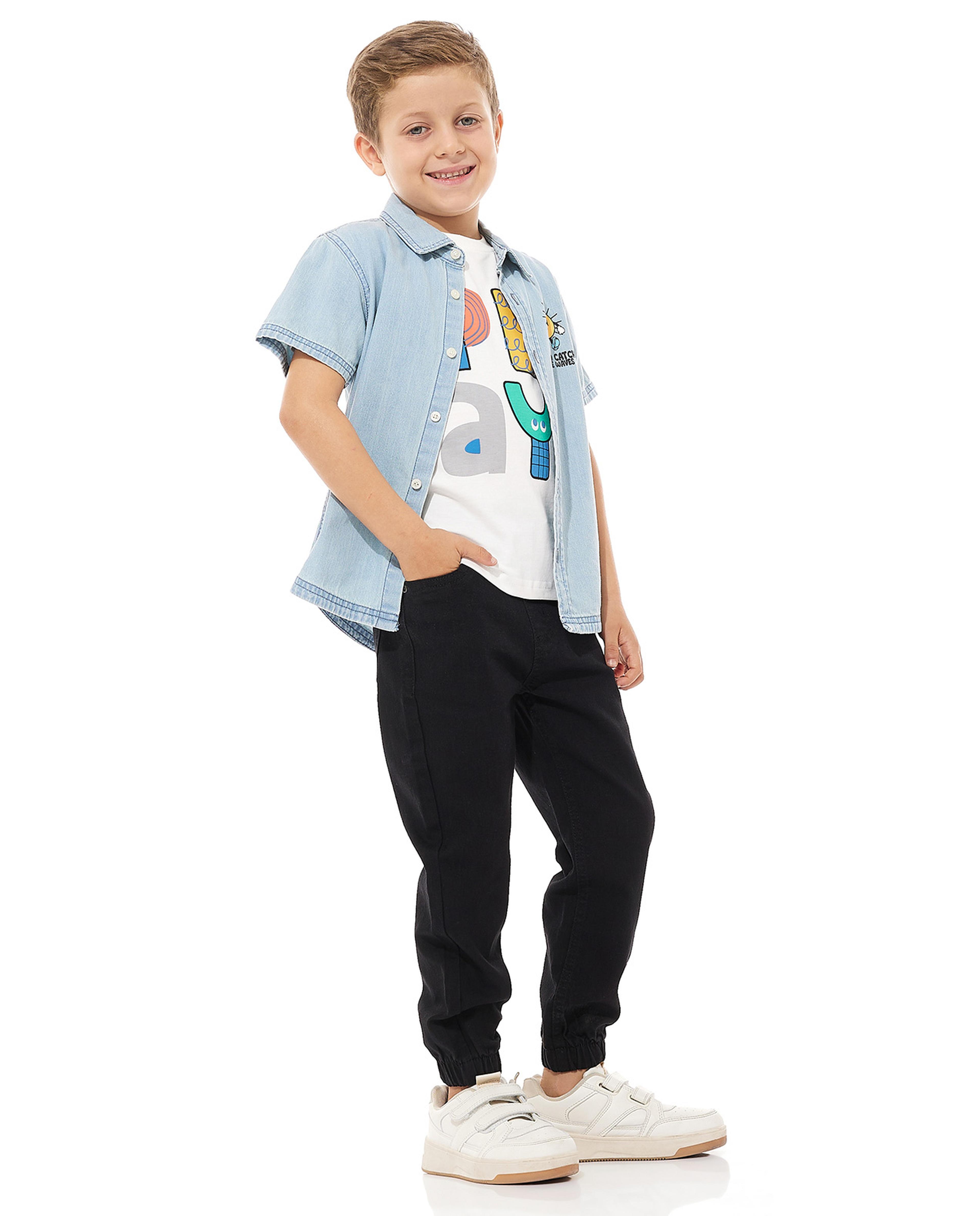 بنطال جينز جوغر سادة برباط على الخصر