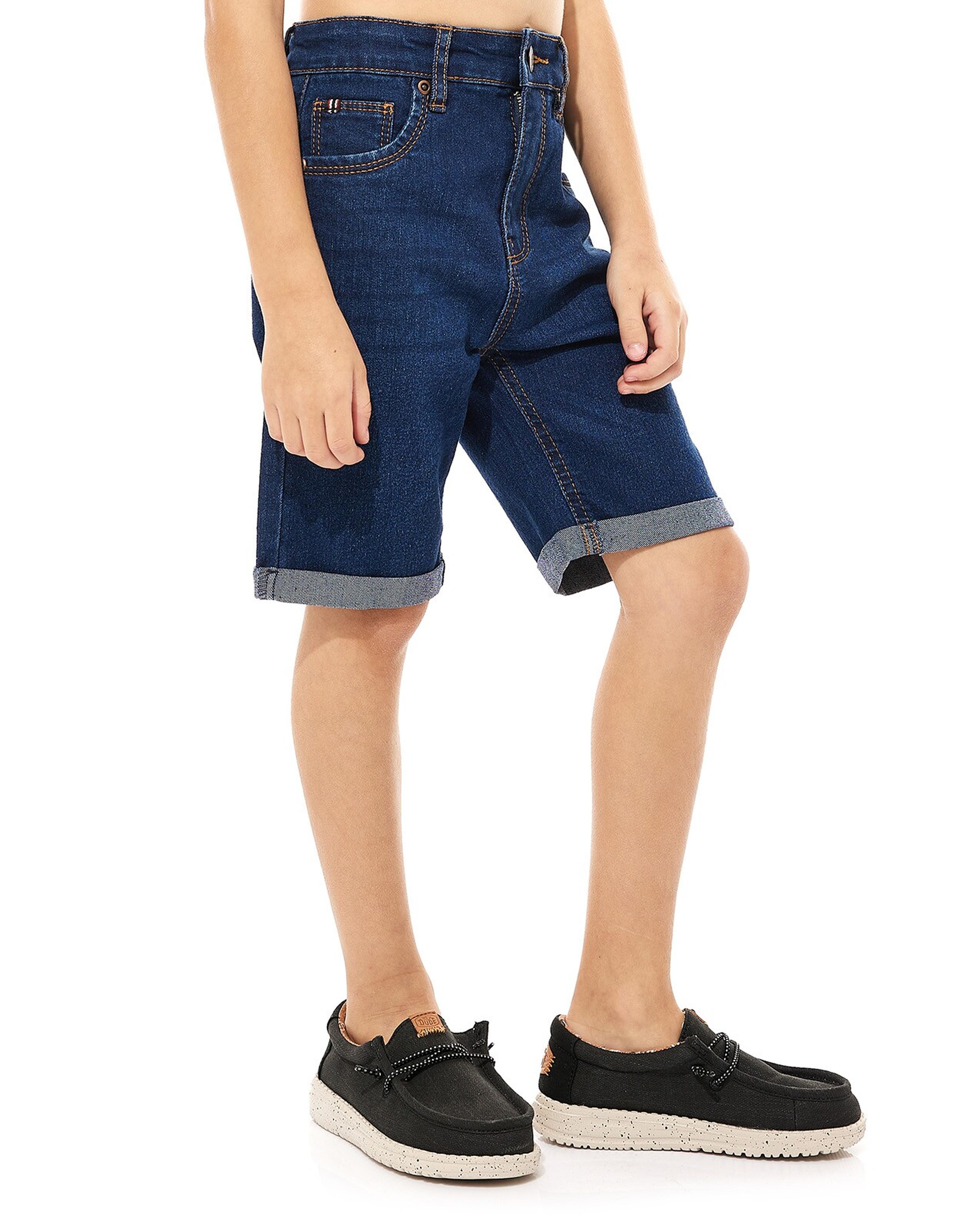 Solid Denim Shorts with Button Closure