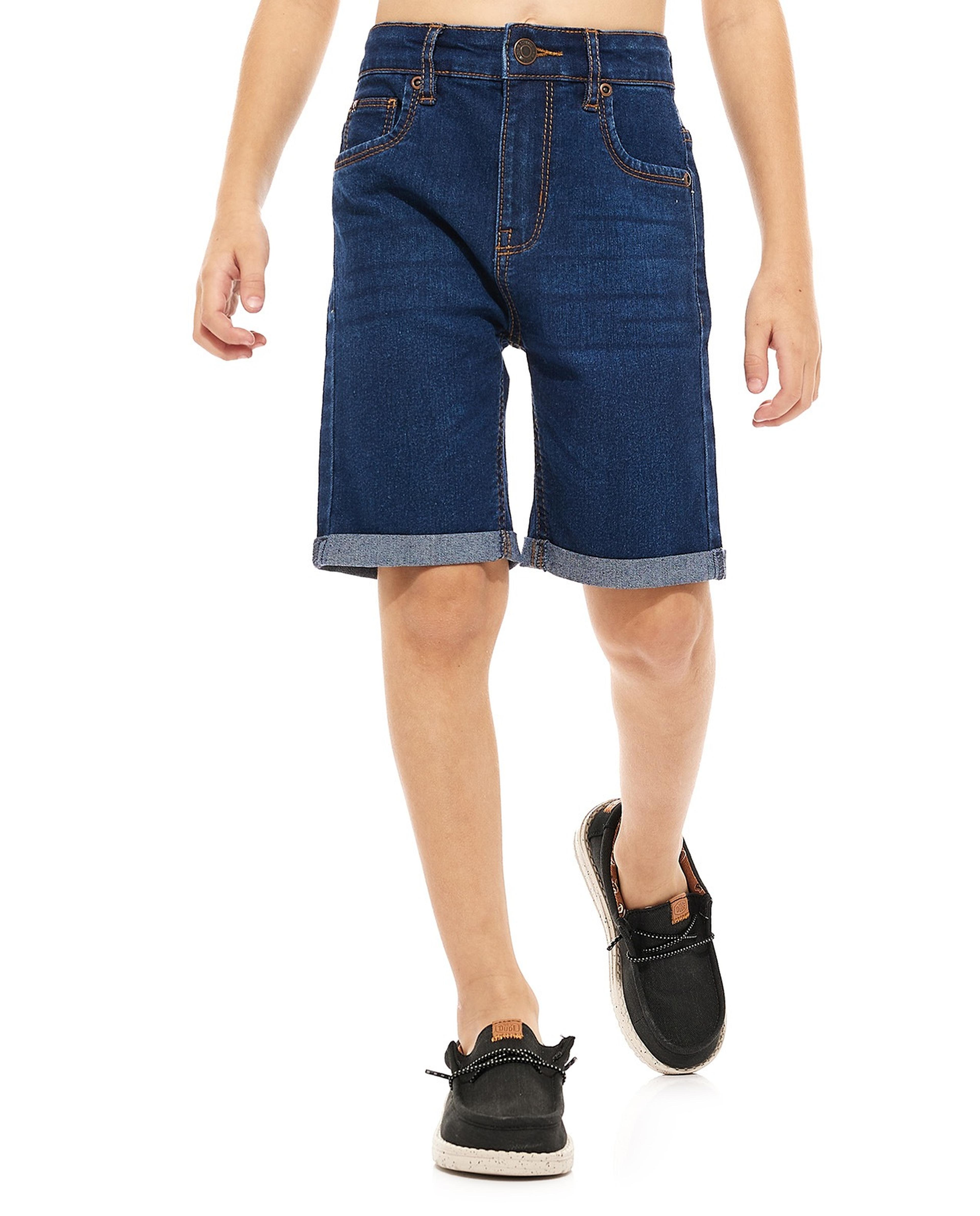 Solid Denim Shorts with Button Closure