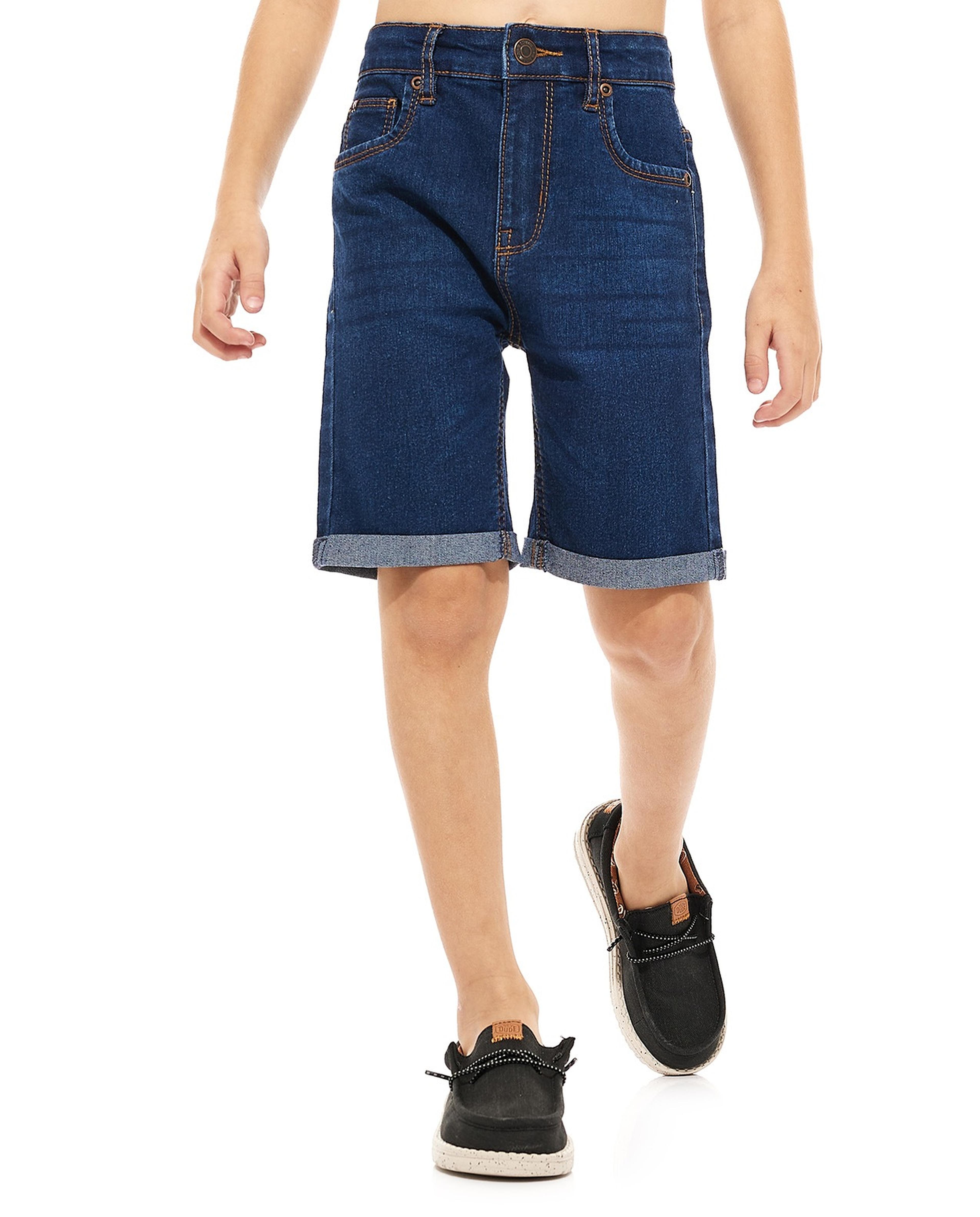Solid Denim Shorts with Button Closure