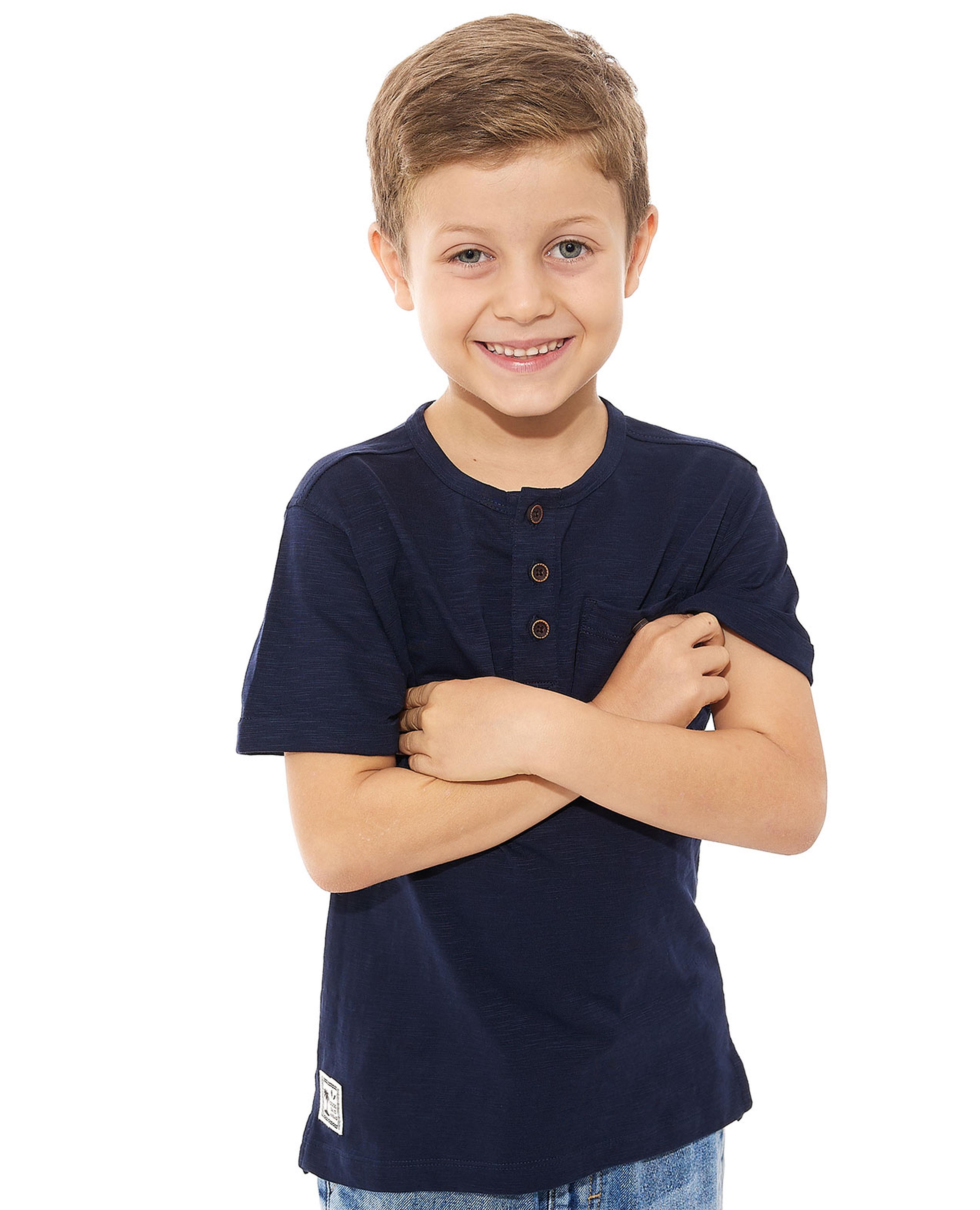 Solid T-Shirt with Henley Neck and Short Sleeves