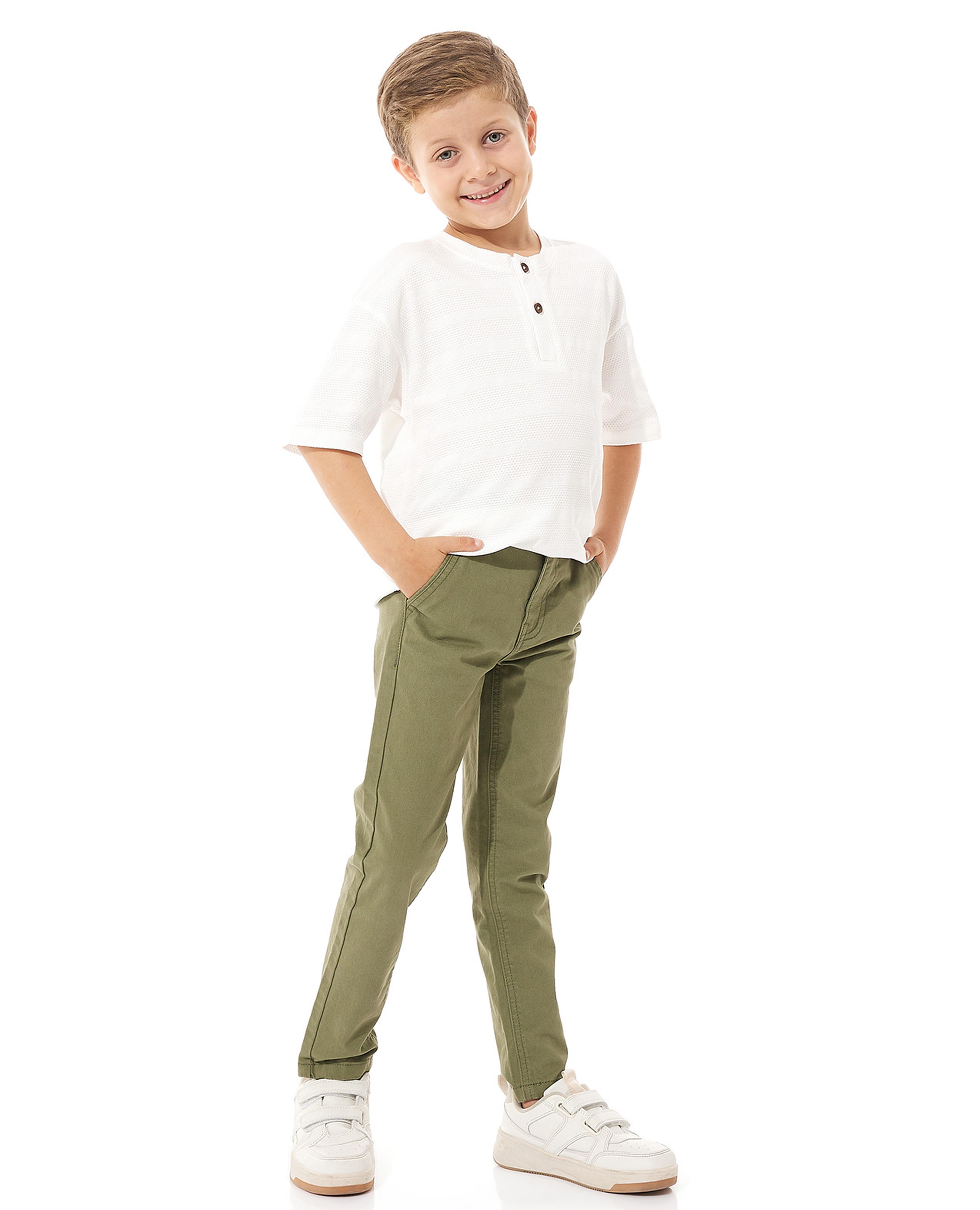 Solid Woven Trousers with Button Waist