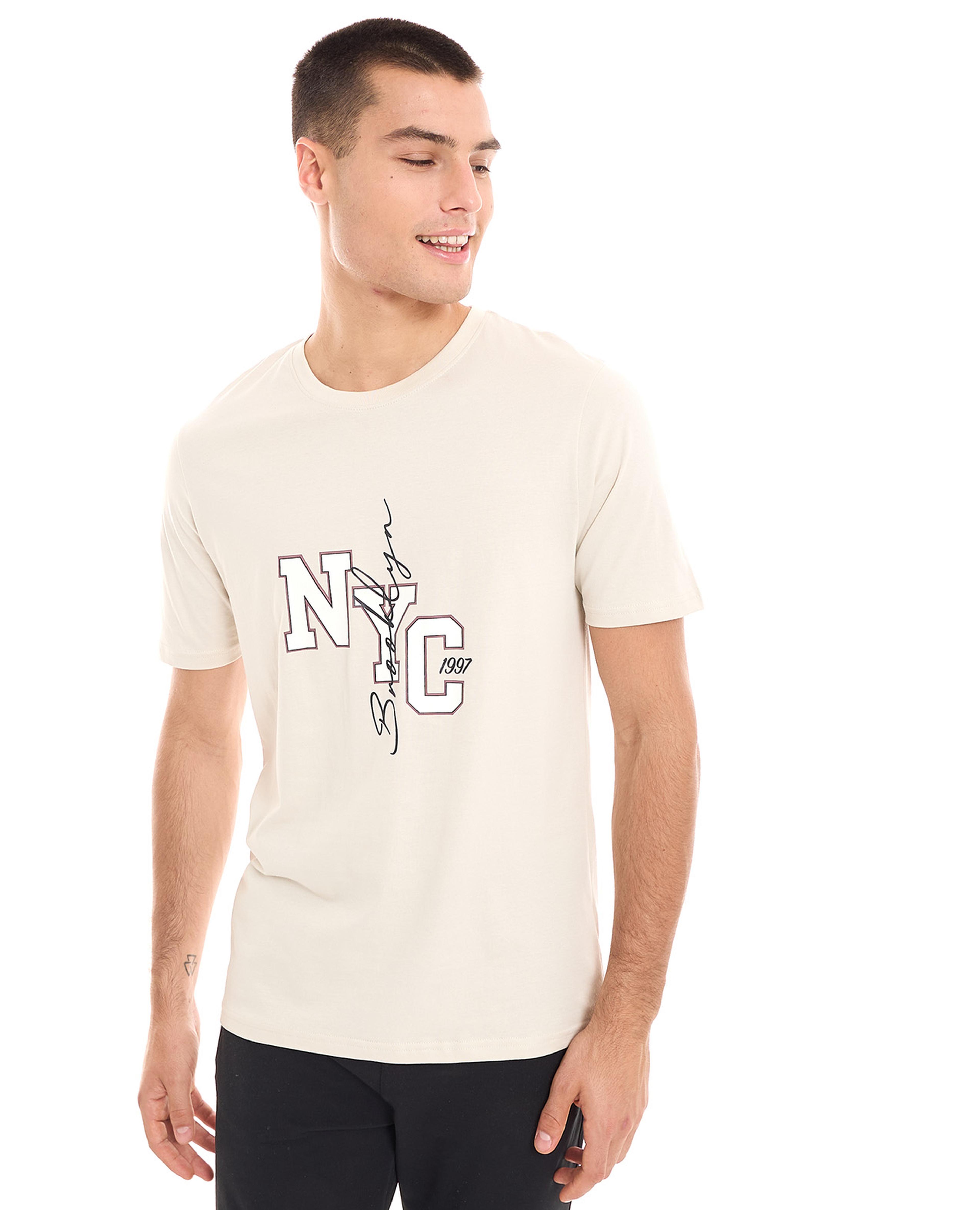 Typography Print T-Shirt with Crew Neck and Short Sleeves