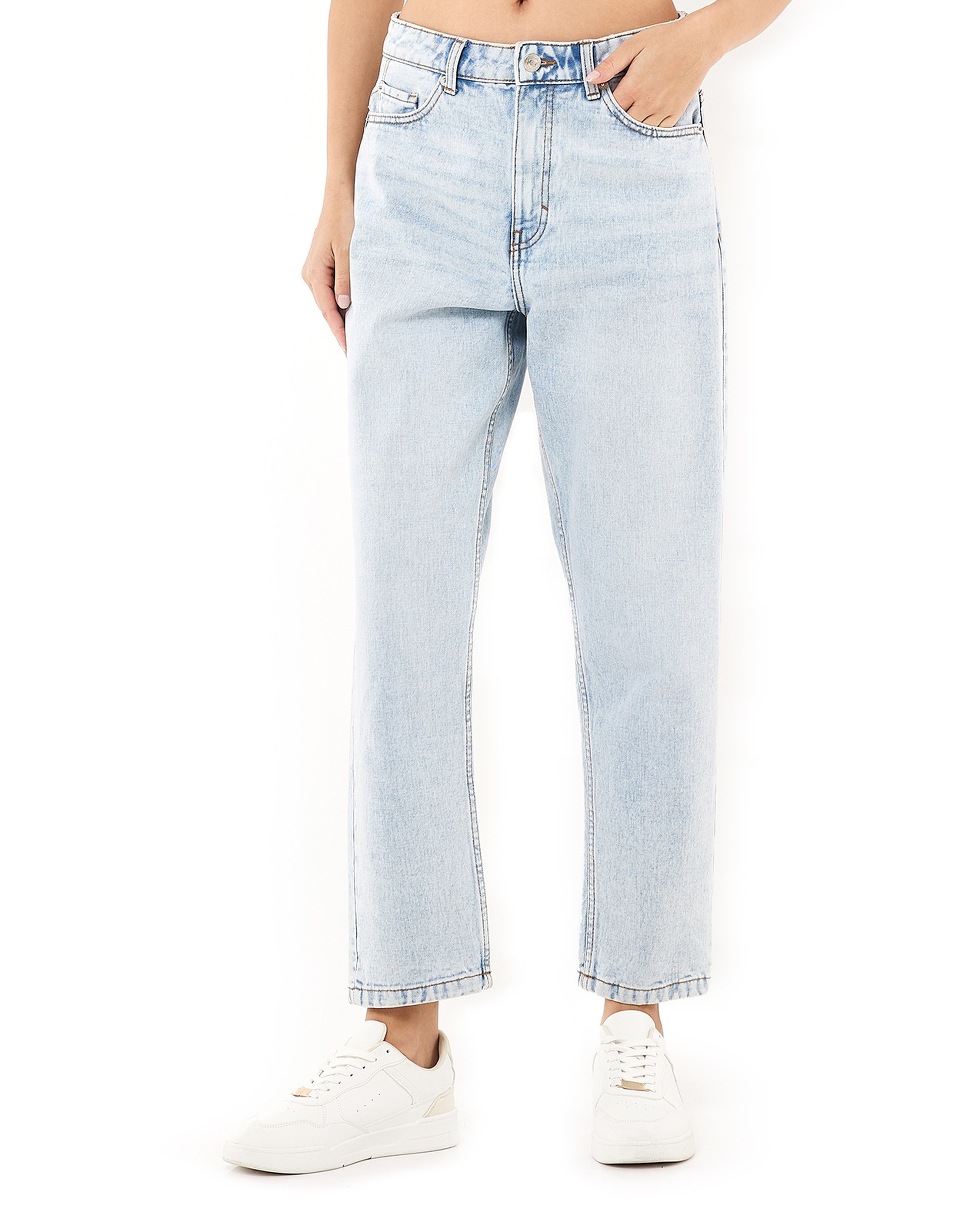 Faded Mom Fit Jeans with Button Closure