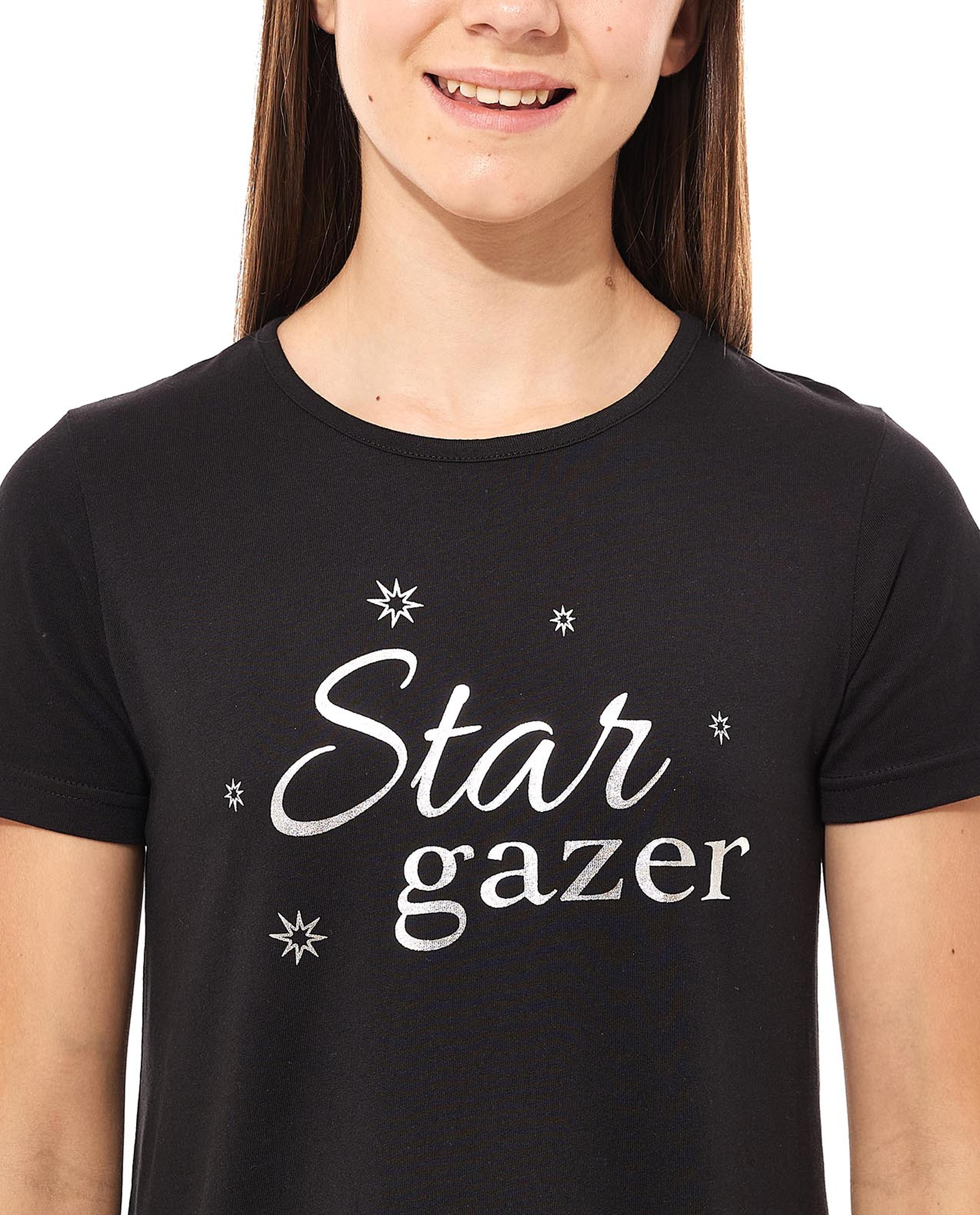 Printed Nightdress with Crew Neck and Short Sleeves