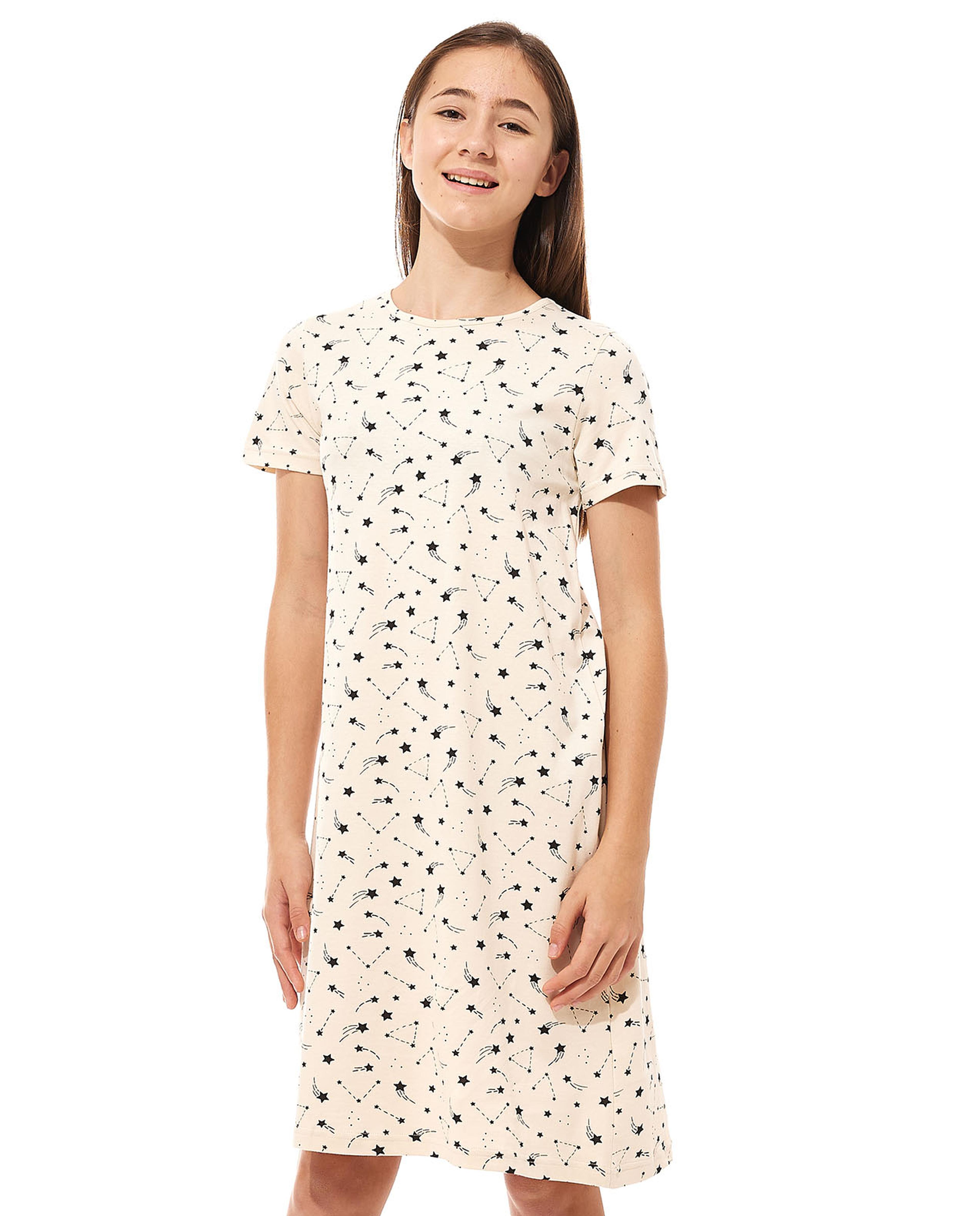 Printed Nightdress with Crew Neck and Short Sleeves