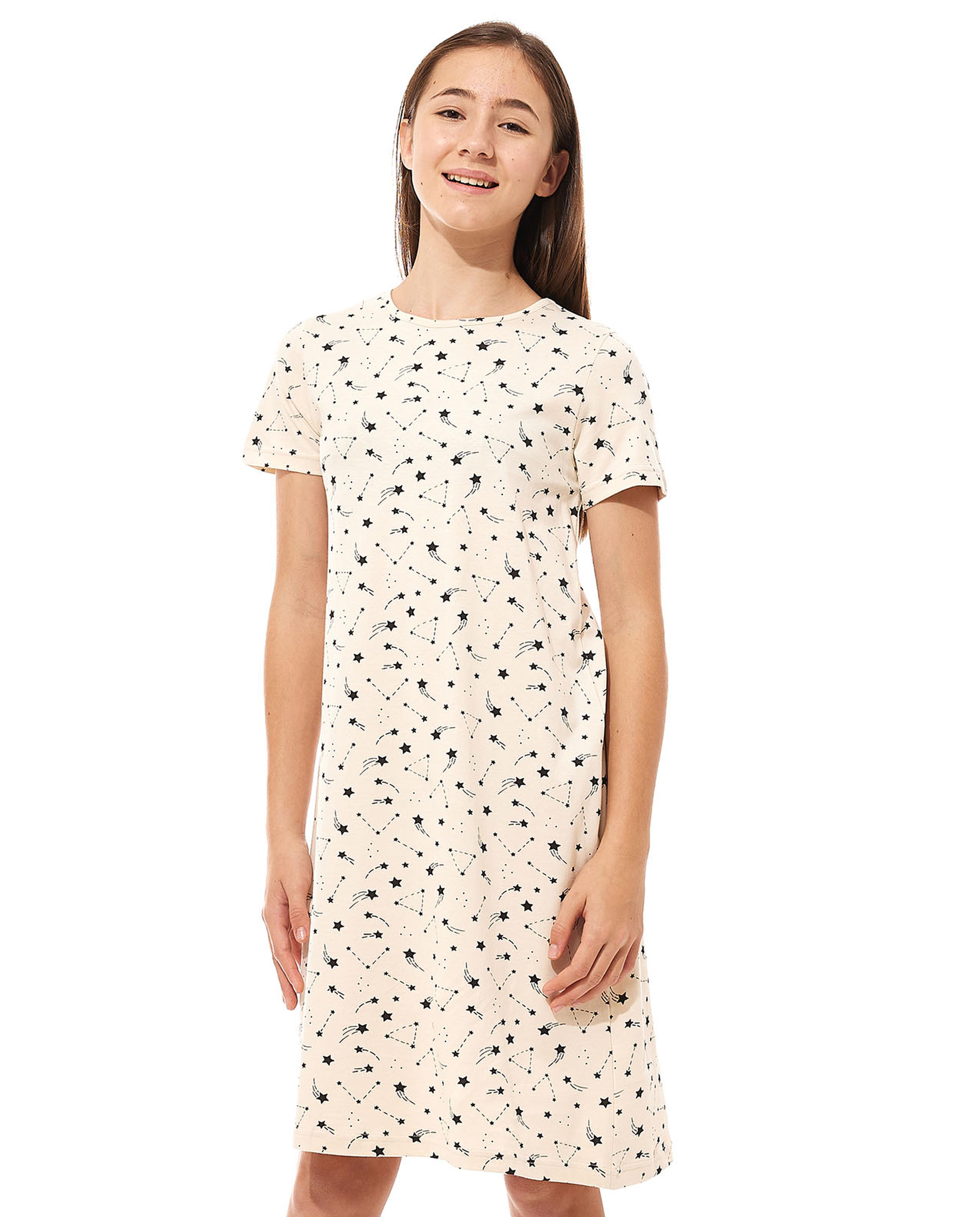 Printed Nightdress with Crew Neck and Short Sleeves