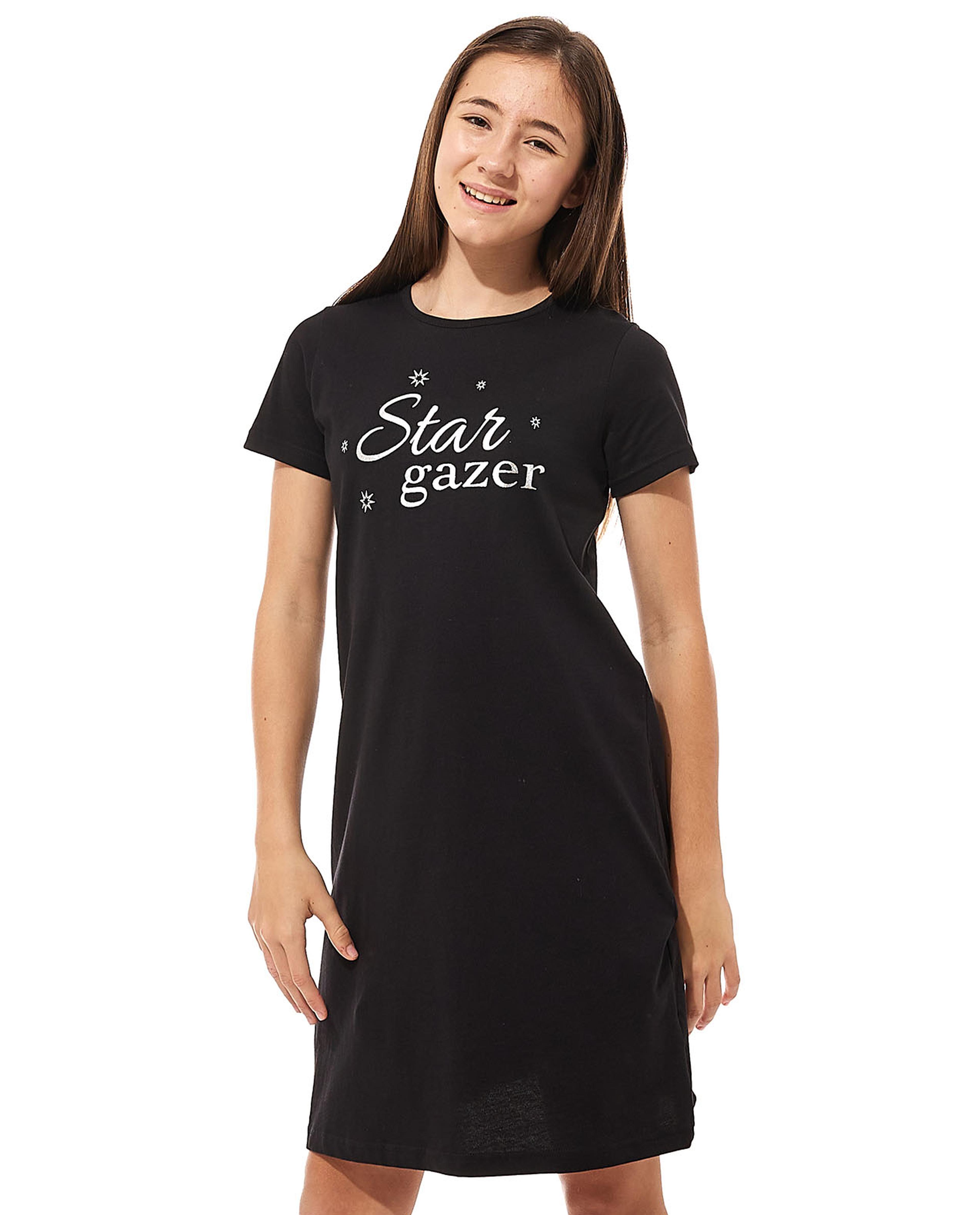 Printed Nightdress with Crew Neck and Short Sleeves