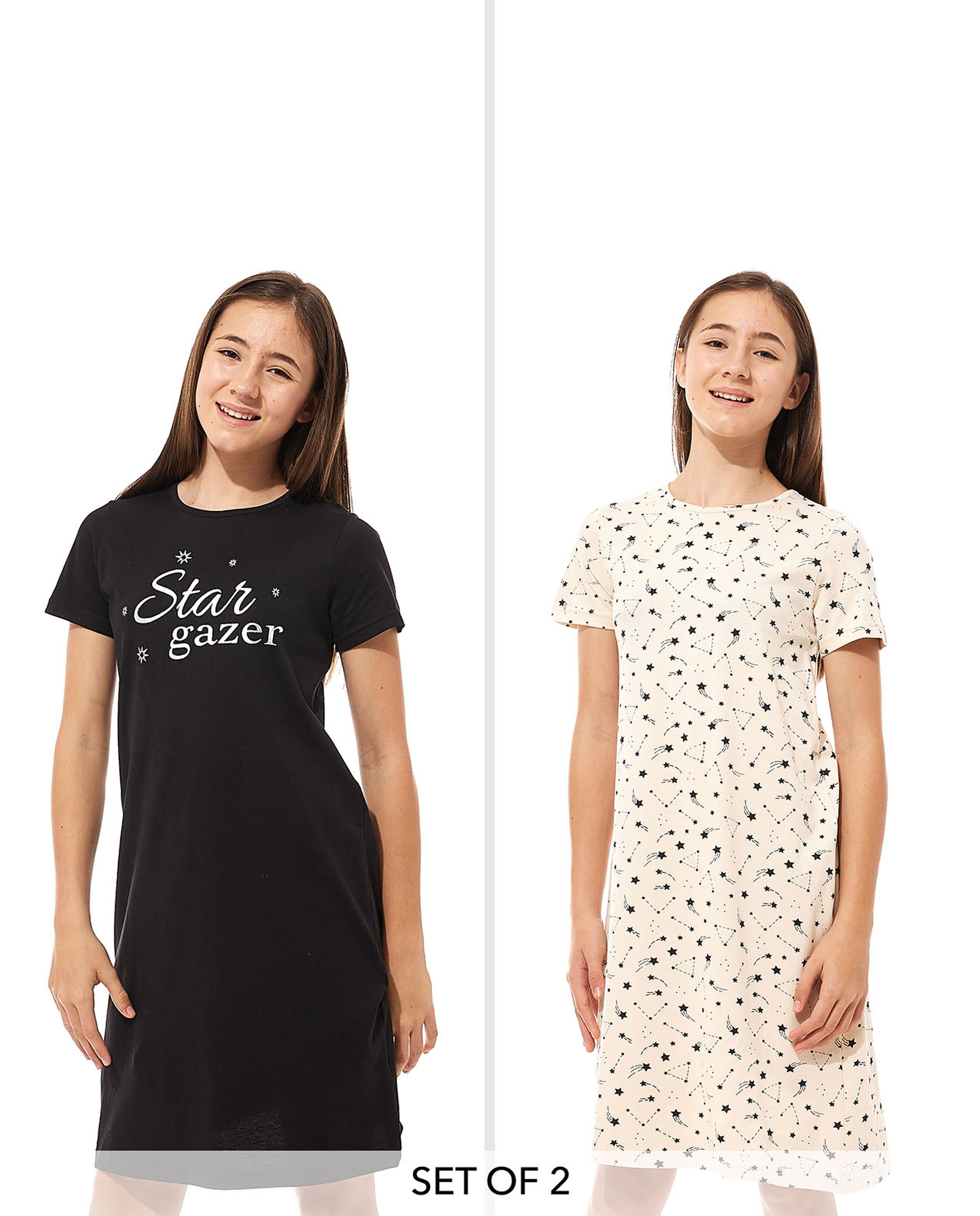 Printed Nightdress with Crew Neck and Short Sleeves