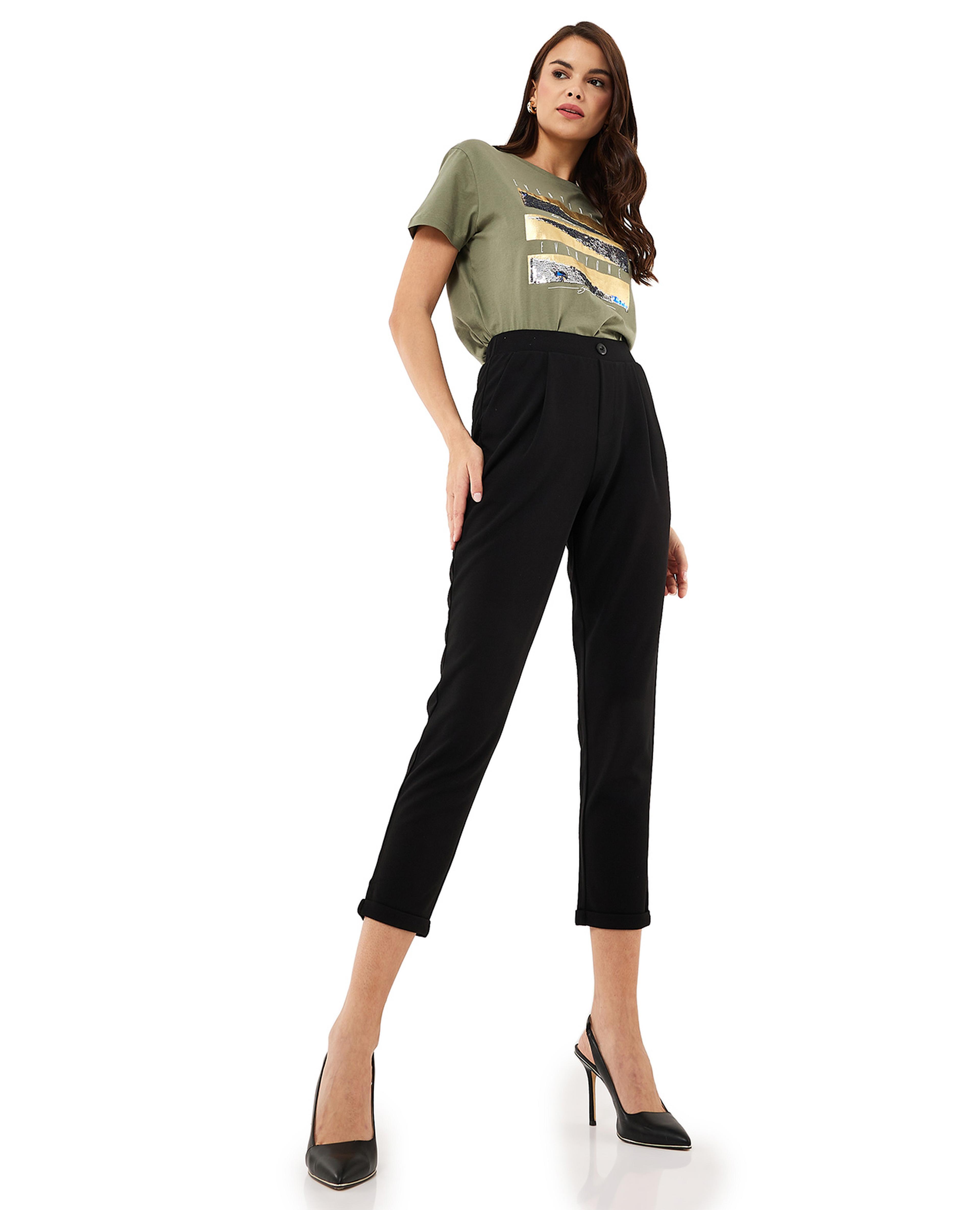 Solid Tapered Pants with Button Closure